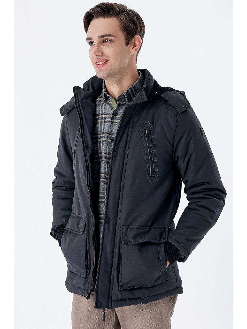 Koyu Antrasit Kapüşonlu Pamuklu Astarlı Comfort Fit Rahat Kesim Casual Kaban 1008235169-2