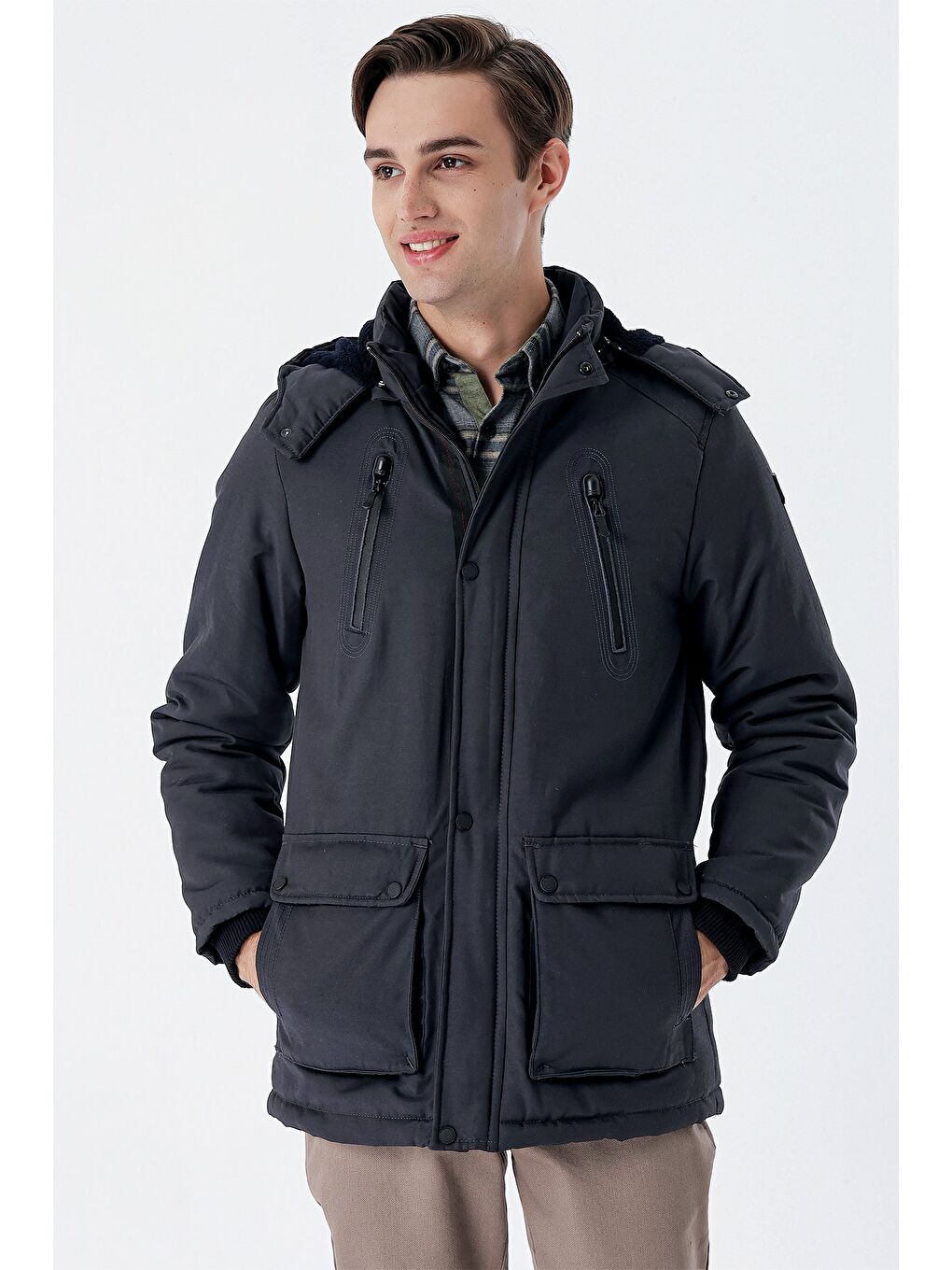 Koyu Antrasit Kapüşonlu Pamuklu Astarlı Comfort Fit Rahat Kesim Casual Kaban 1008235169-3