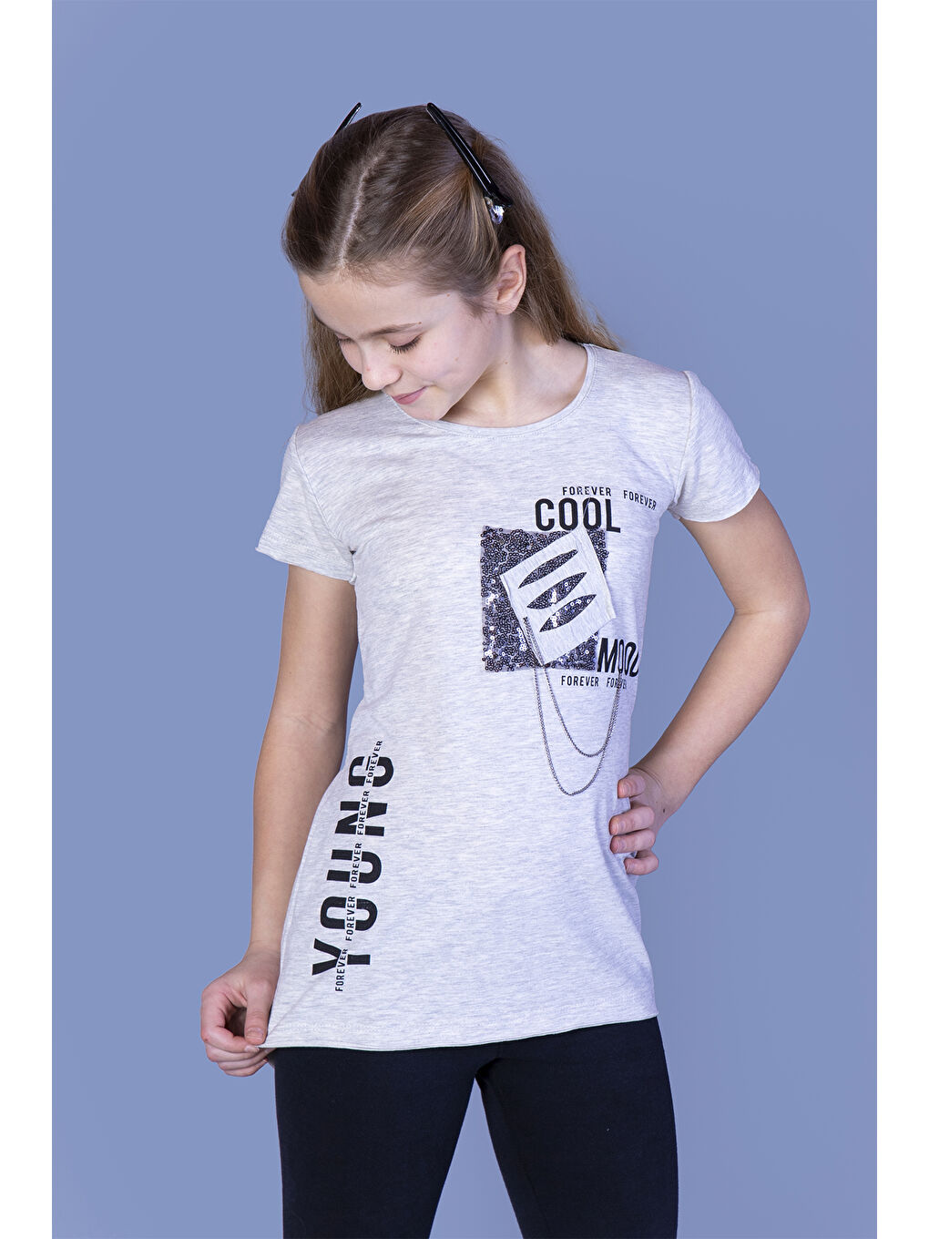 Toontoykids Kahve Melanj Kız Çocuk T-Shirt Göğsü Lazer Kesim