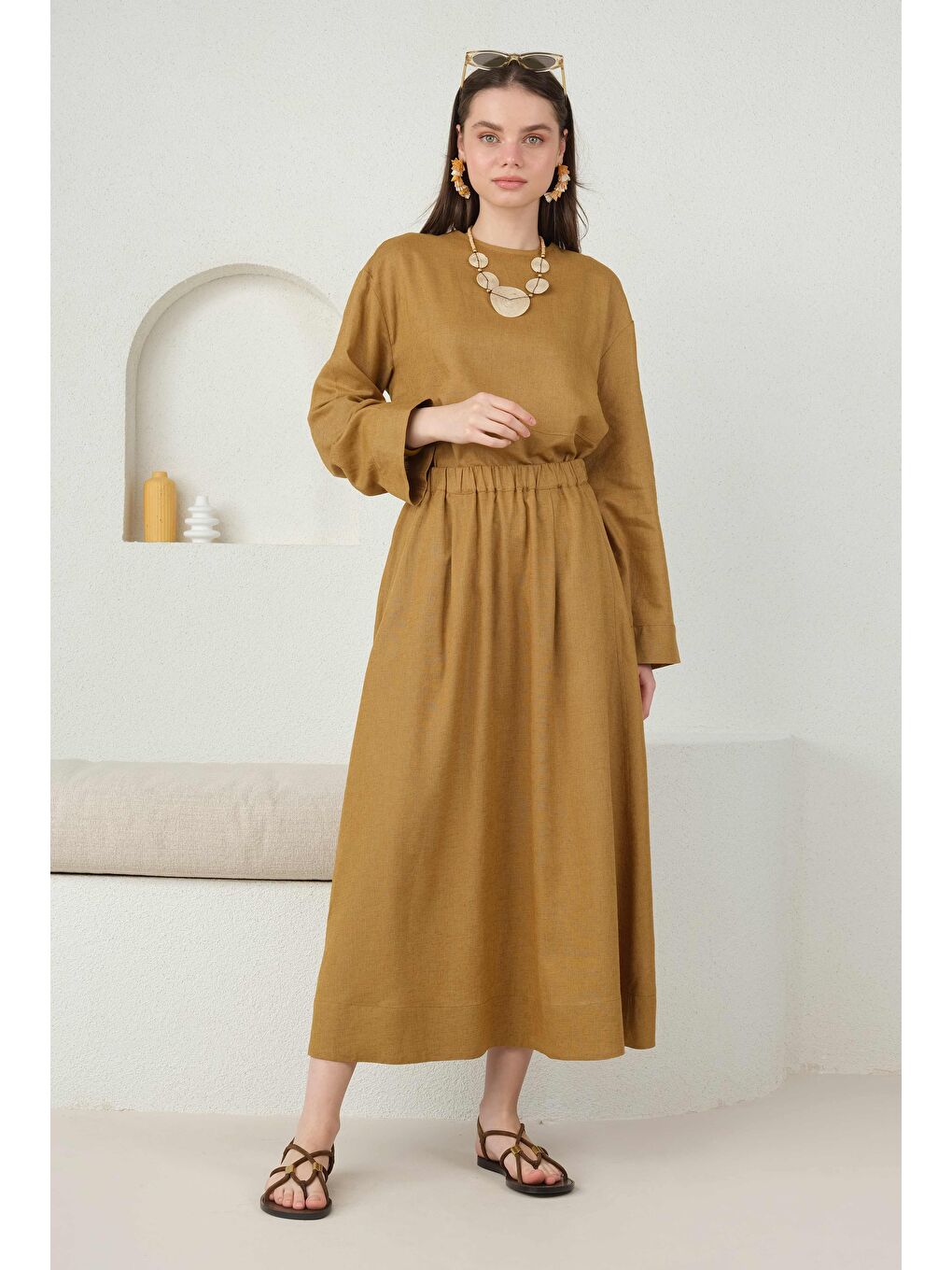 Kahverengi Cep Detaylı Keten Etek Kimyon-1