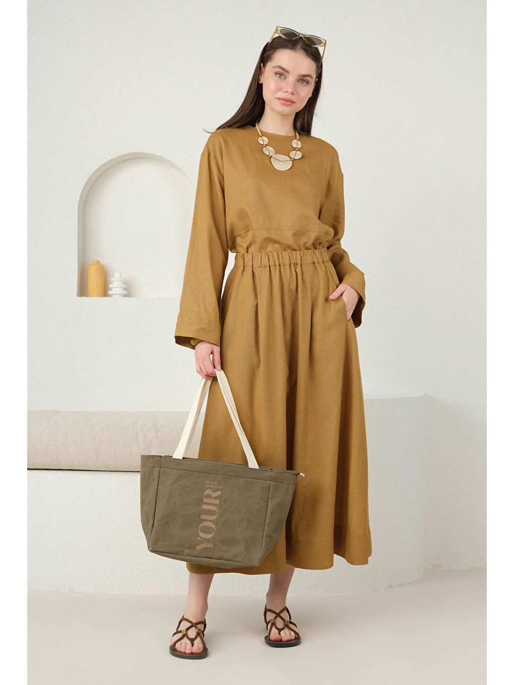 Kahverengi Cep Detaylı Keten Etek Kimyon-2