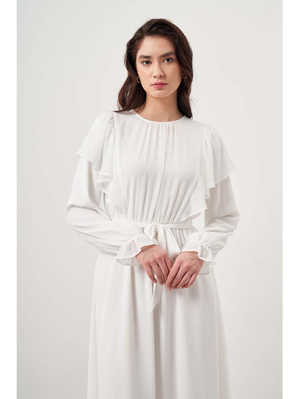 Kol Fırfırlı Şifon Ekru Elbise-1