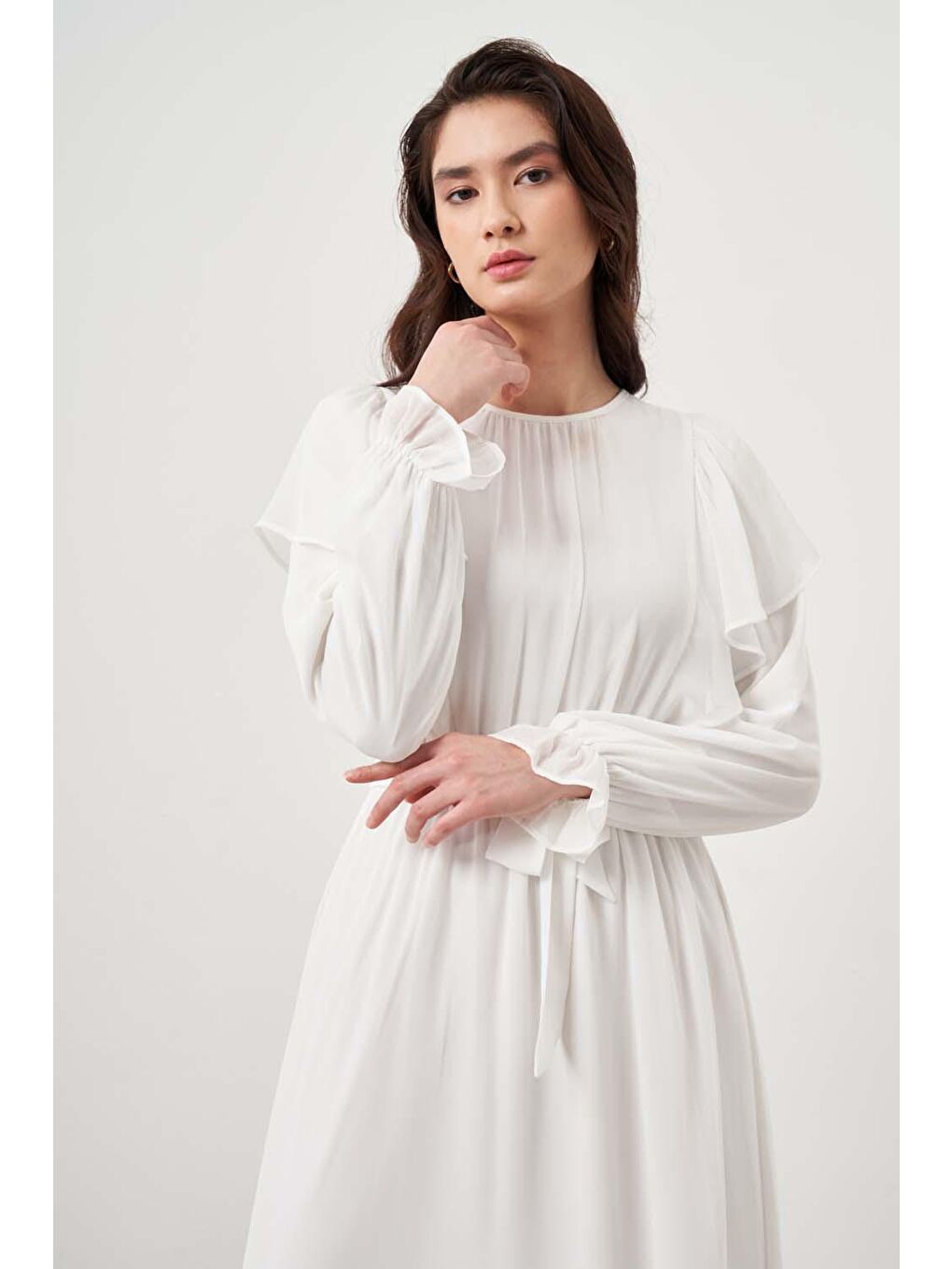 Kol Fırfırlı Şifon Ekru Elbise-2