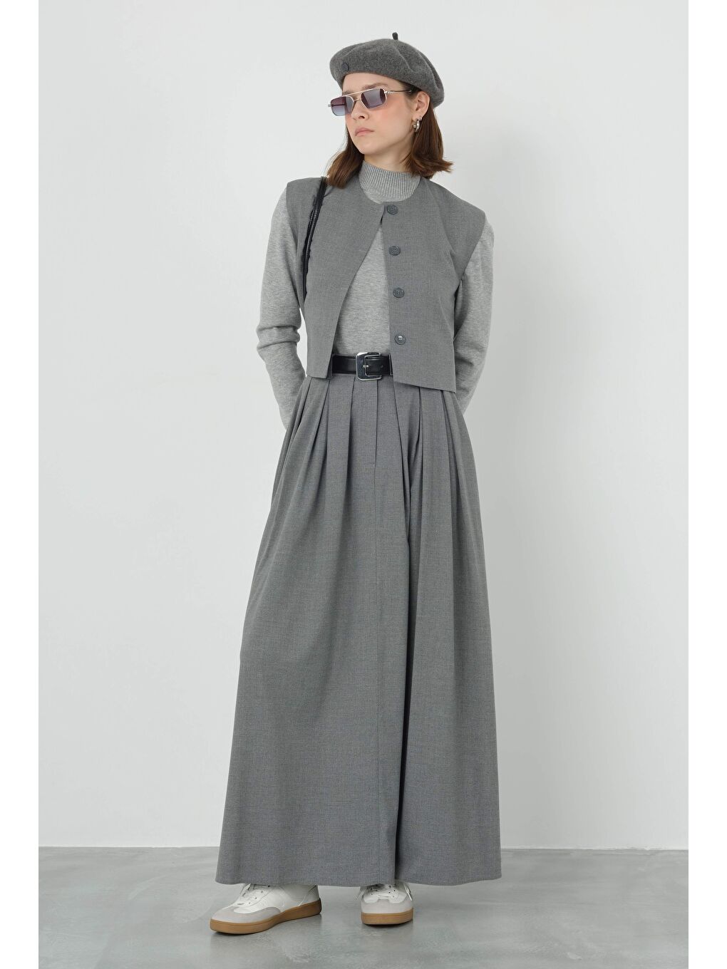 Gri Kalın Pileli Etek Duman