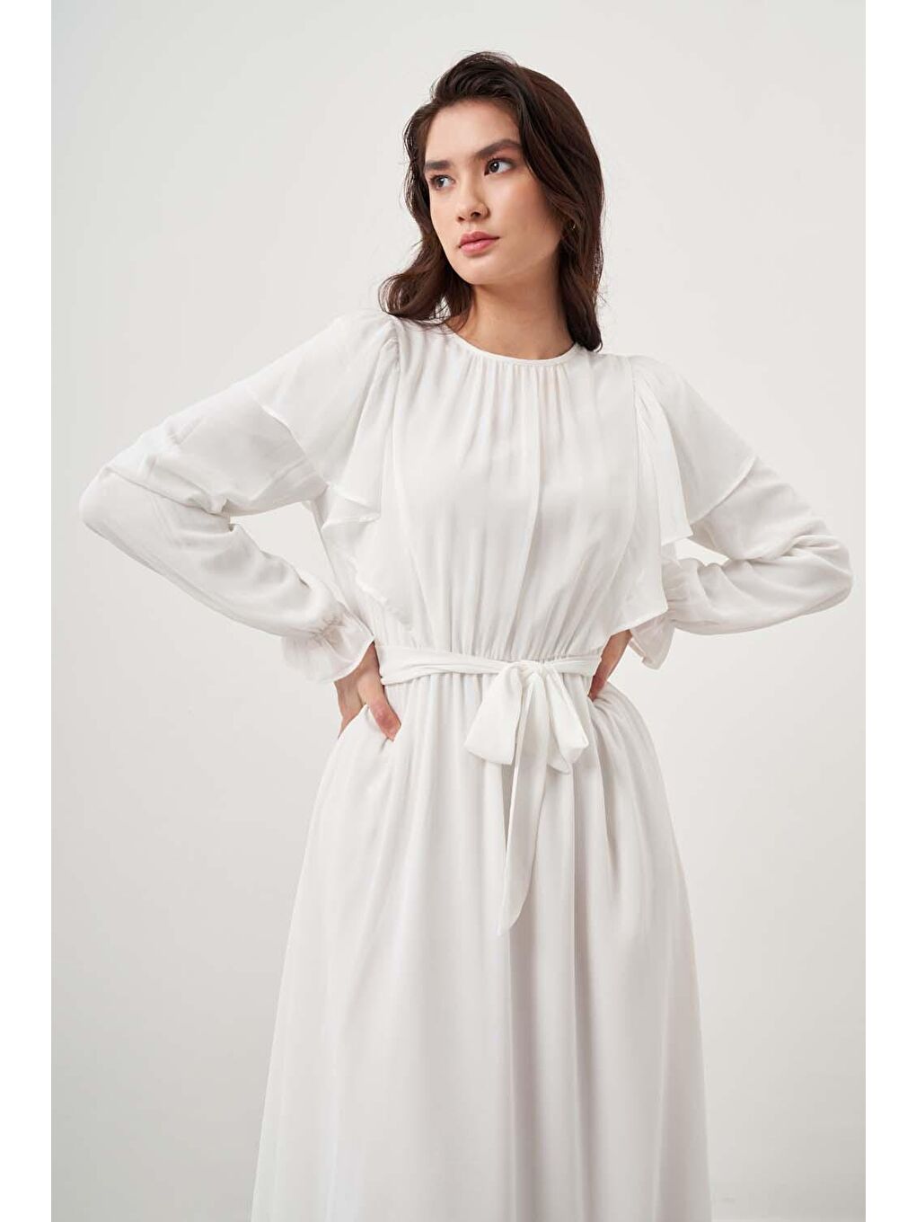 Kol Fırfırlı Şifon Ekru Elbise-3