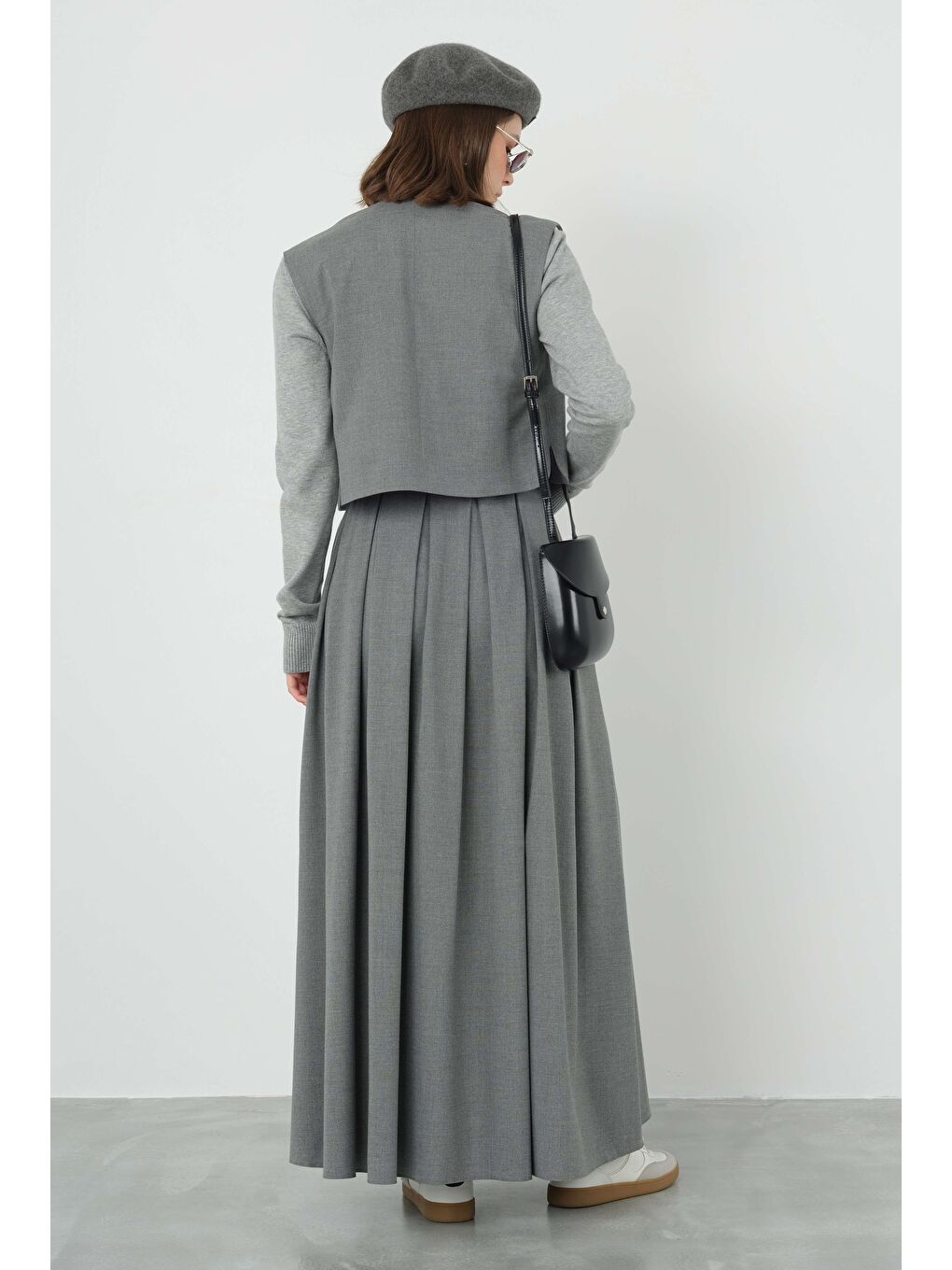 Gri Kalın Pileli Etek Duman-2