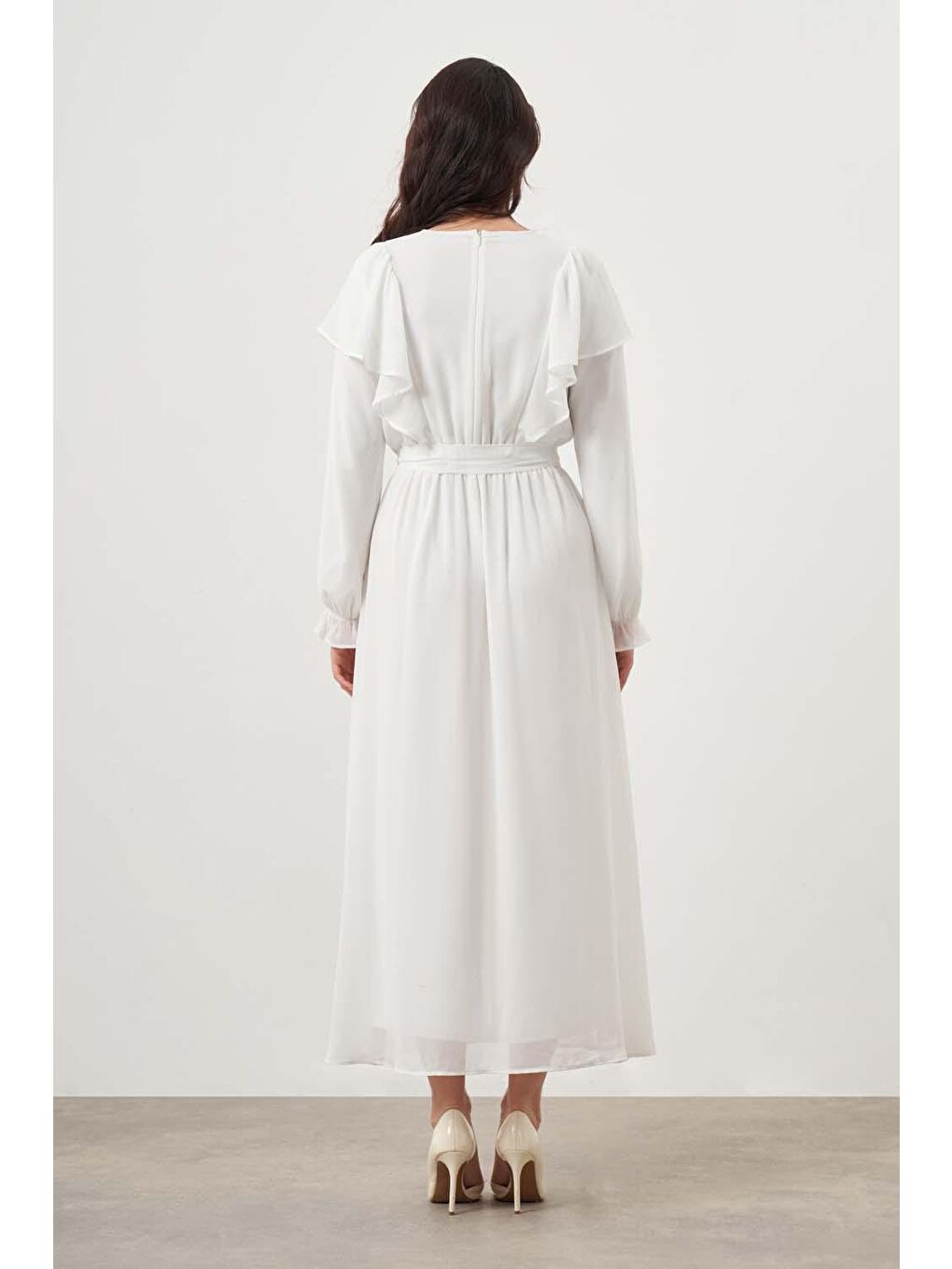 Kol Fırfırlı Şifon Ekru Elbise-4