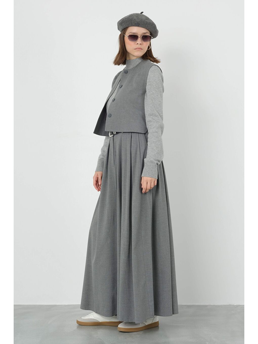 Gri Kalın Pileli Etek Duman-3
