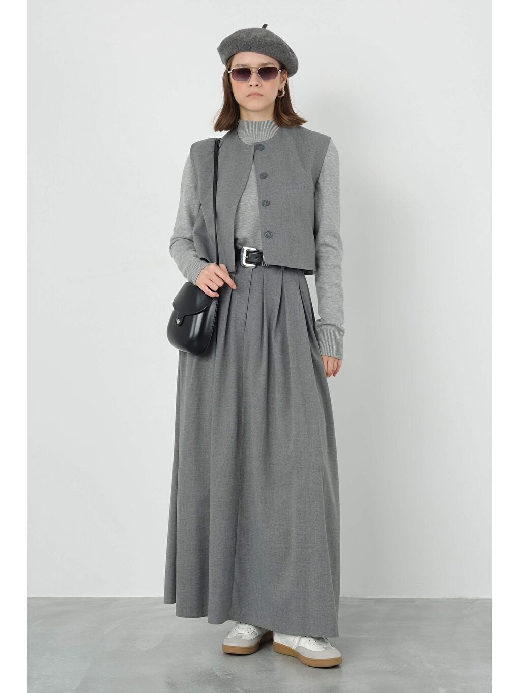 Gri Kalın Pileli Etek Duman-4
