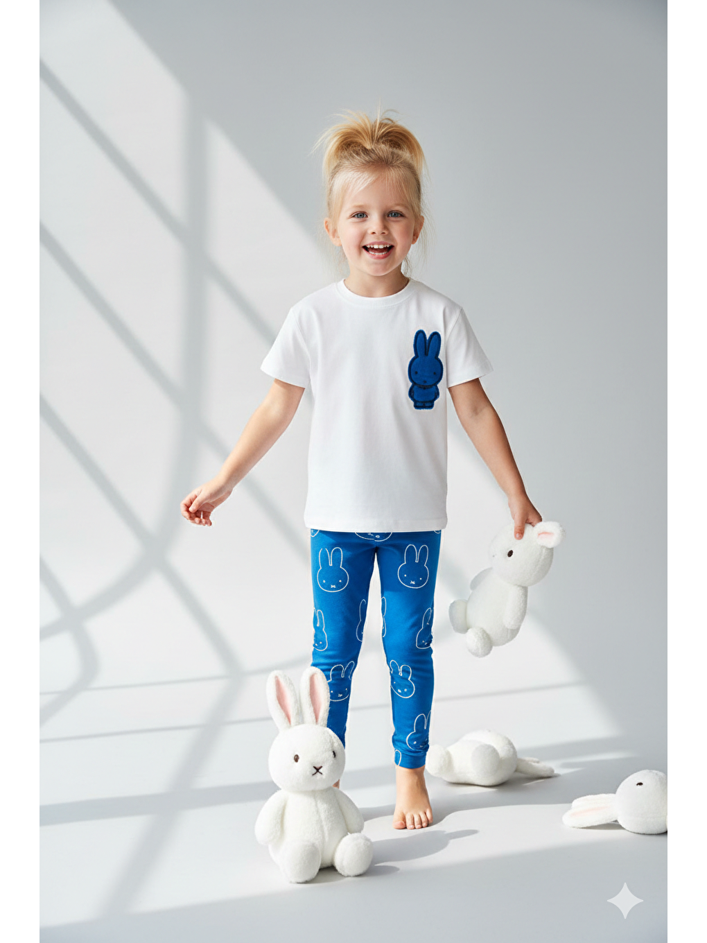 Ekru Kız Çocuk Beyaz Aplike Detaylı Fitilli Taytlı Pamuklu Altüst Takım