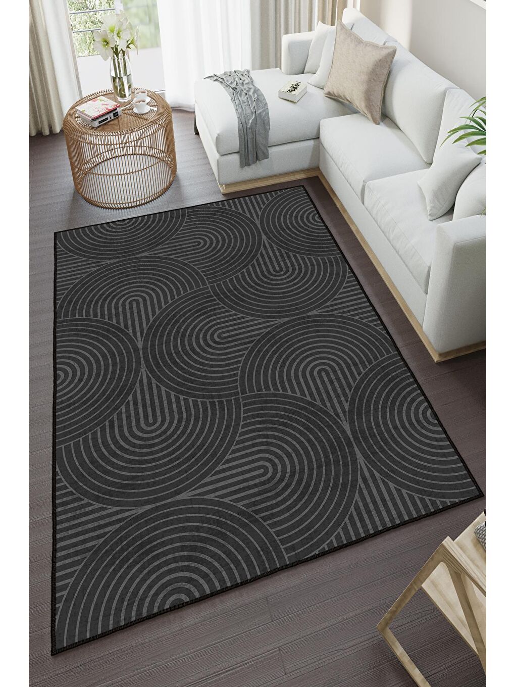 Siyah Özel Tasarım, Kaymaz Taban, İnce, Yıkanabilir, Modern Halı WOOKECE1401 80x150-2