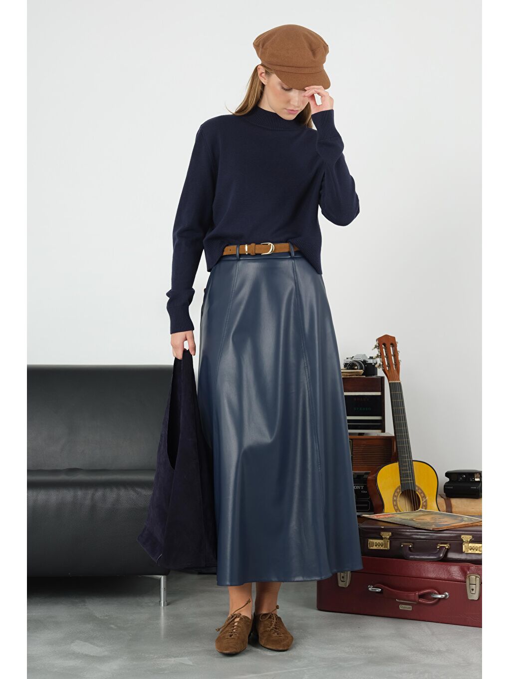 Parçalı Deri Etek Lacivert-2