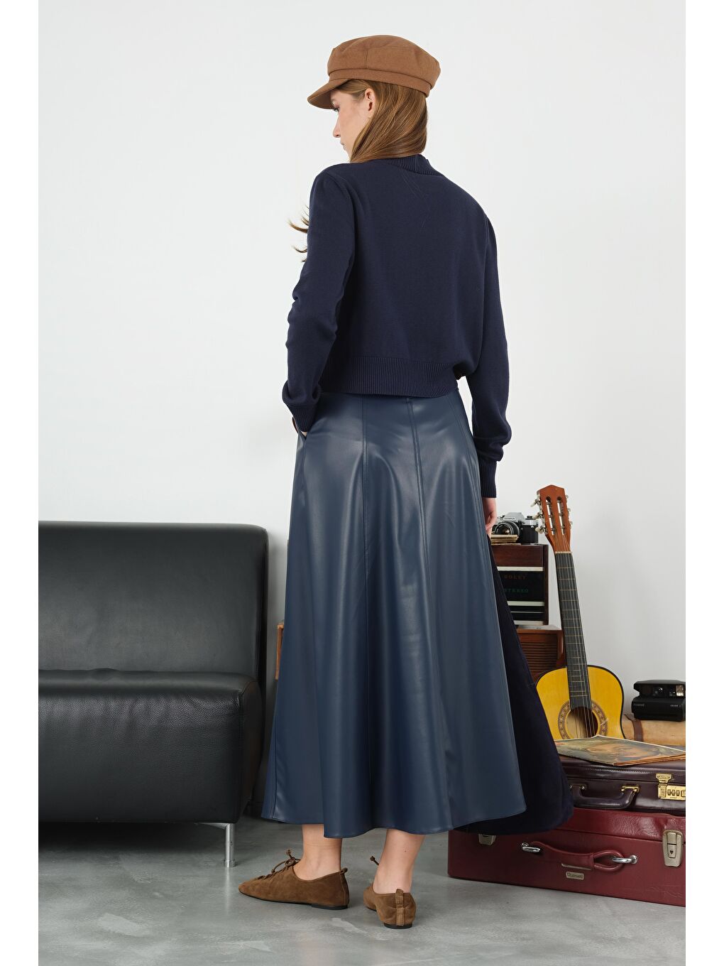 Parçalı Deri Etek Lacivert-3