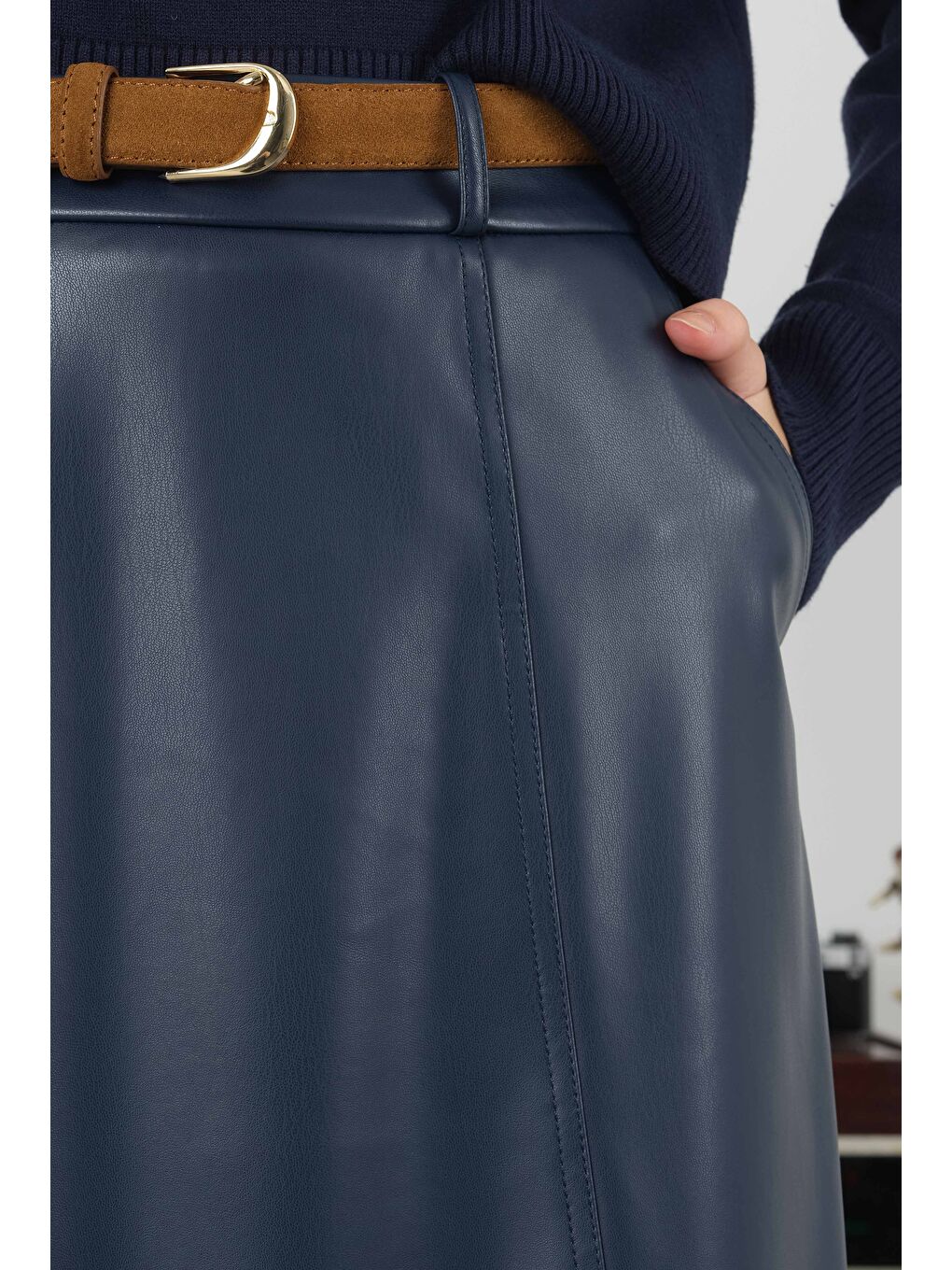 Parçalı Deri Etek Lacivert-4