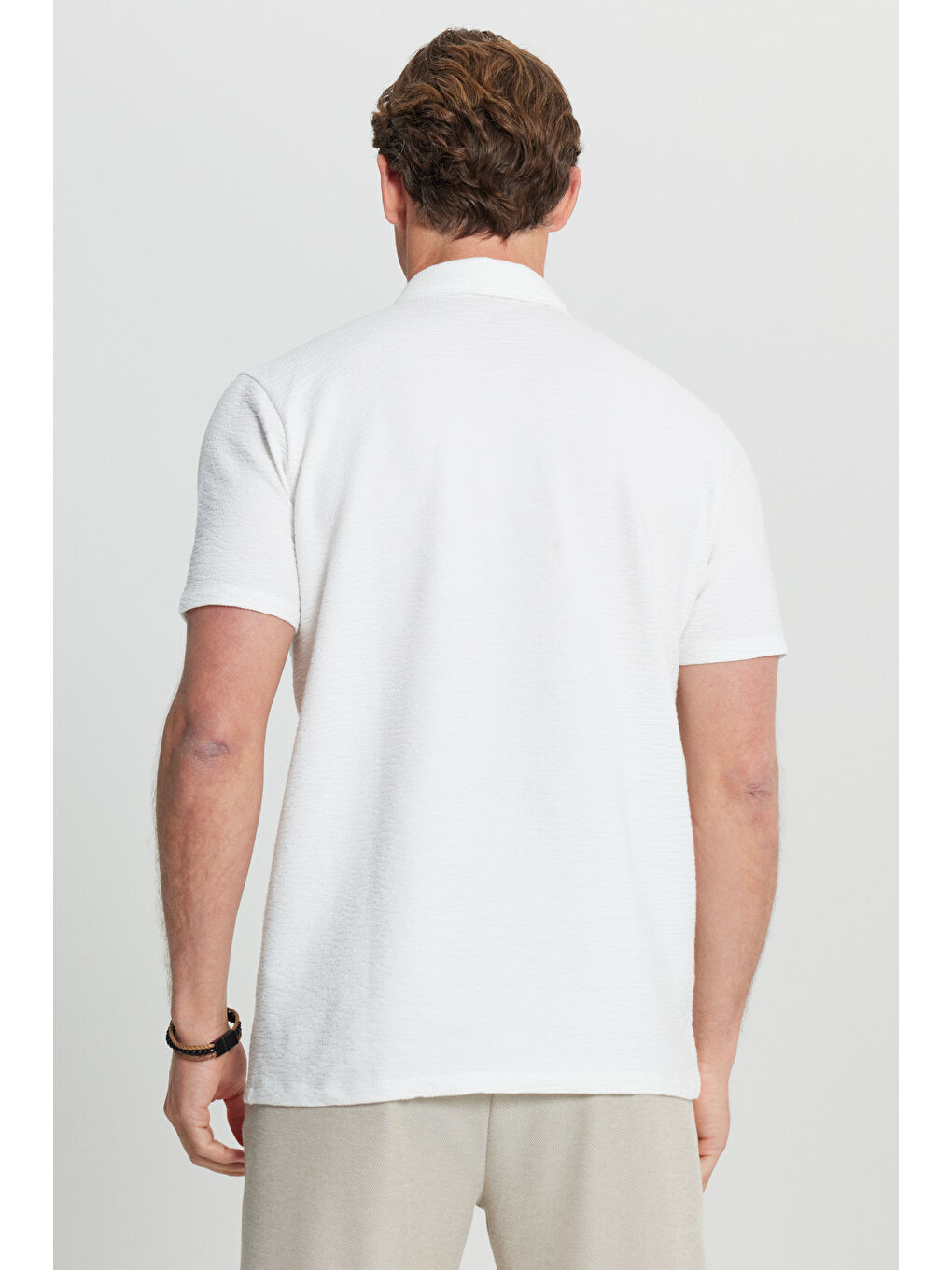 Erkek Beyaz Pamuklu Slim Fit Dar Kesim Polo Yaka Jakarlı Esnek Tişört-5
