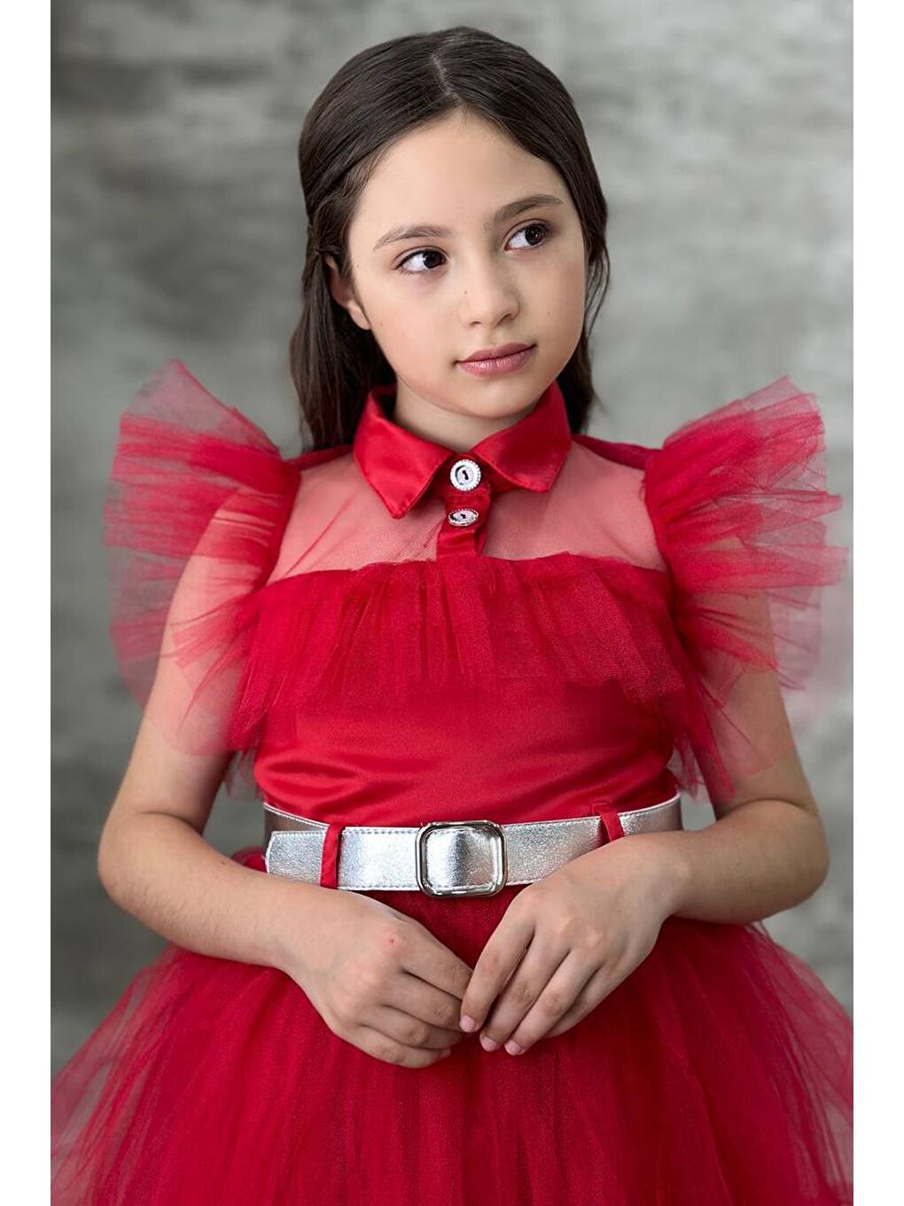 Kız Çocuk Gömlek Yaka Göğsü Ve Kolları Tül Detaylı Wednesday Kırmızı Elbise