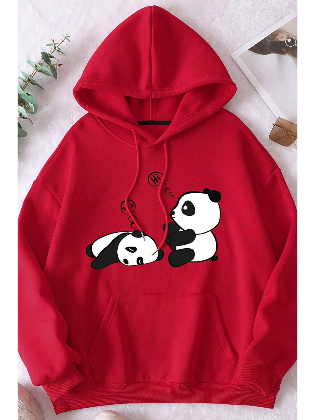 uyguntarz Kırmızı Unisex Panda Baskılı Oversize Hoodie