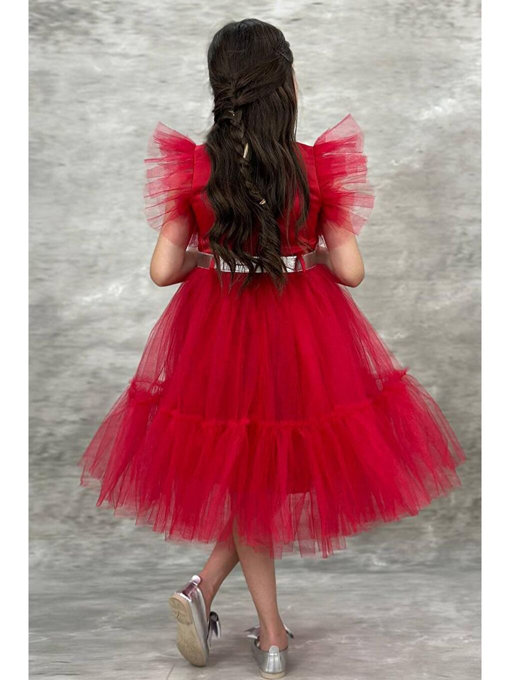 Kız Çocuk Gömlek Yaka Göğsü Ve Kolları Tül Detaylı Wednesday Kırmızı Elbise-1