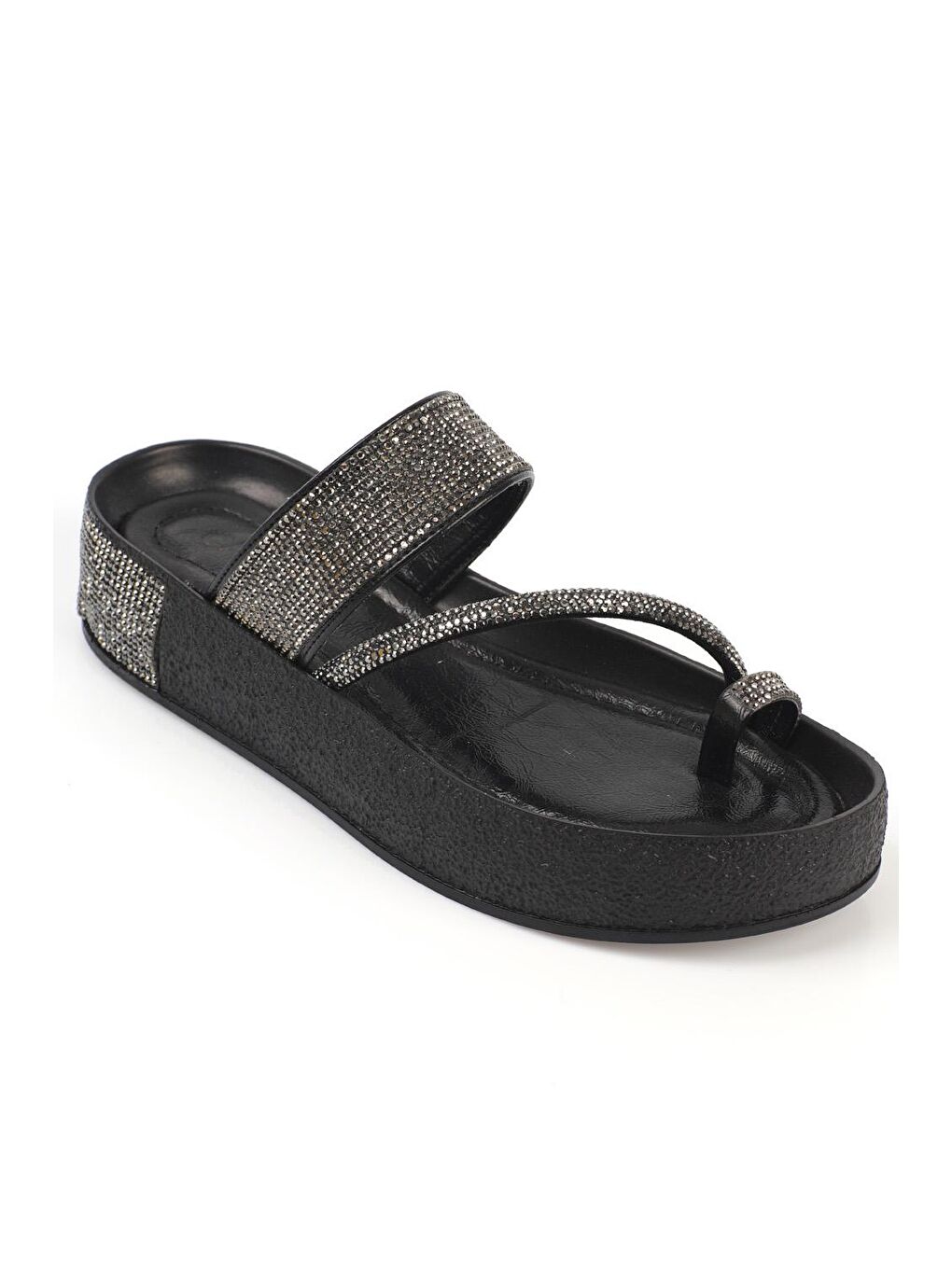 Siyah Taşlı Bantlı Taşlı Detaylı Dolgu Topuk Metalik Kadın Terlik-4