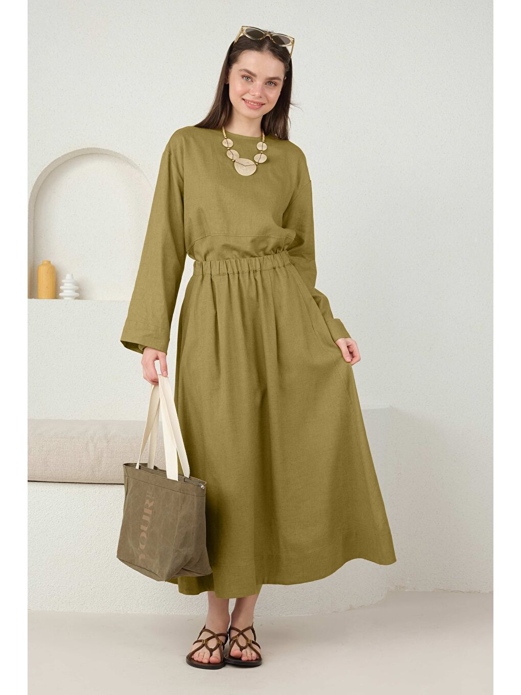 Yeşil Cep Detaylı Keten Etek Olive