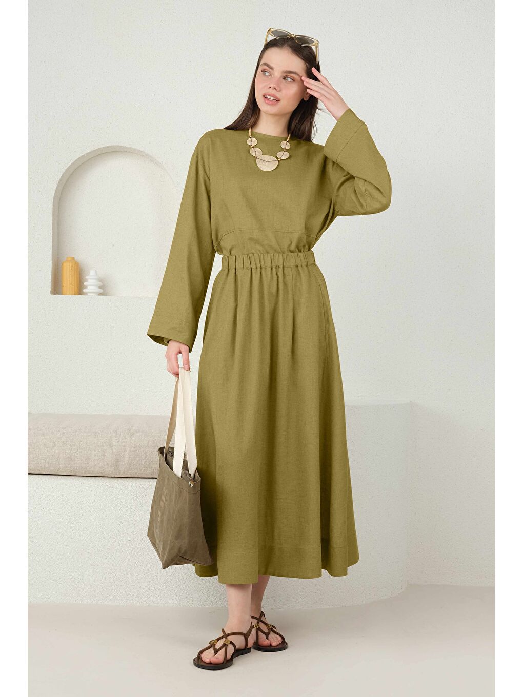 Yeşil Cep Detaylı Keten Etek Olive-1