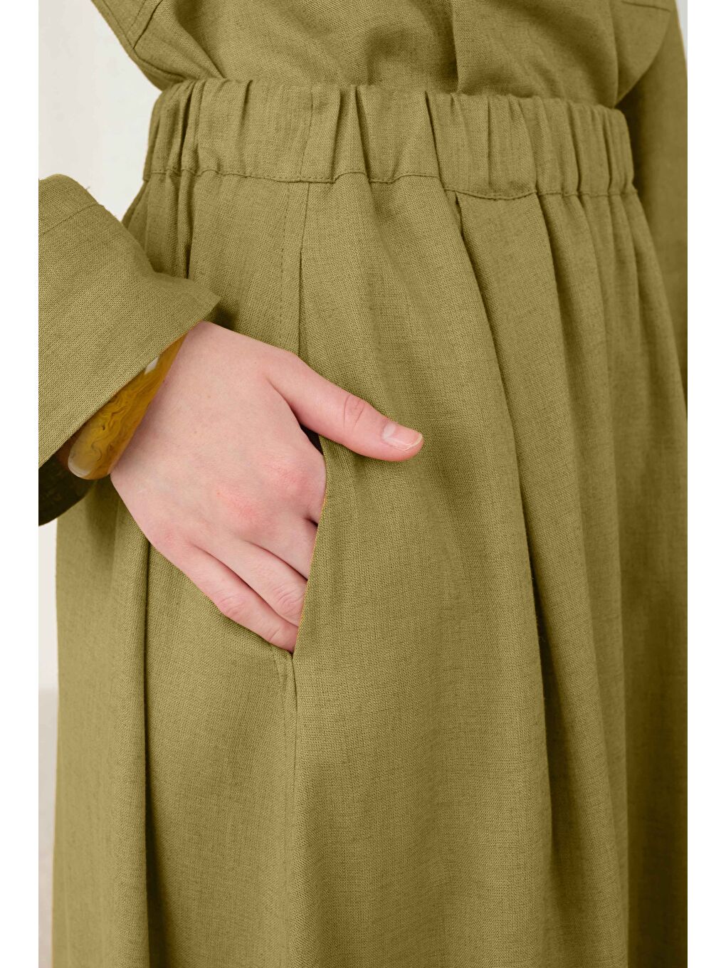 Yeşil Cep Detaylı Keten Etek Olive-2