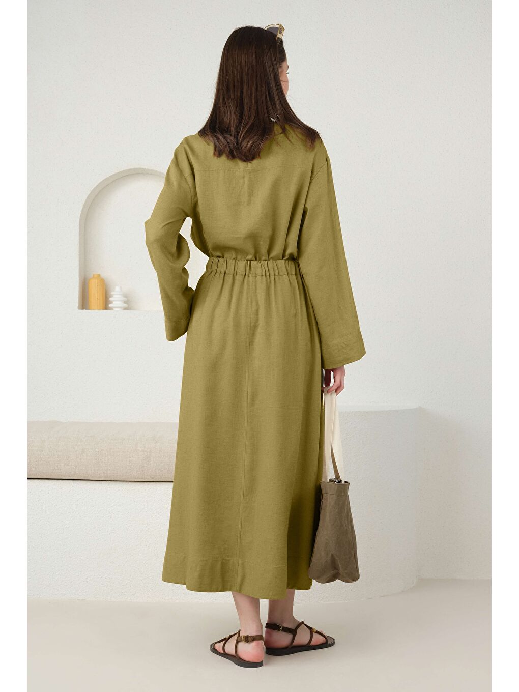 Yeşil Cep Detaylı Keten Etek Olive-3