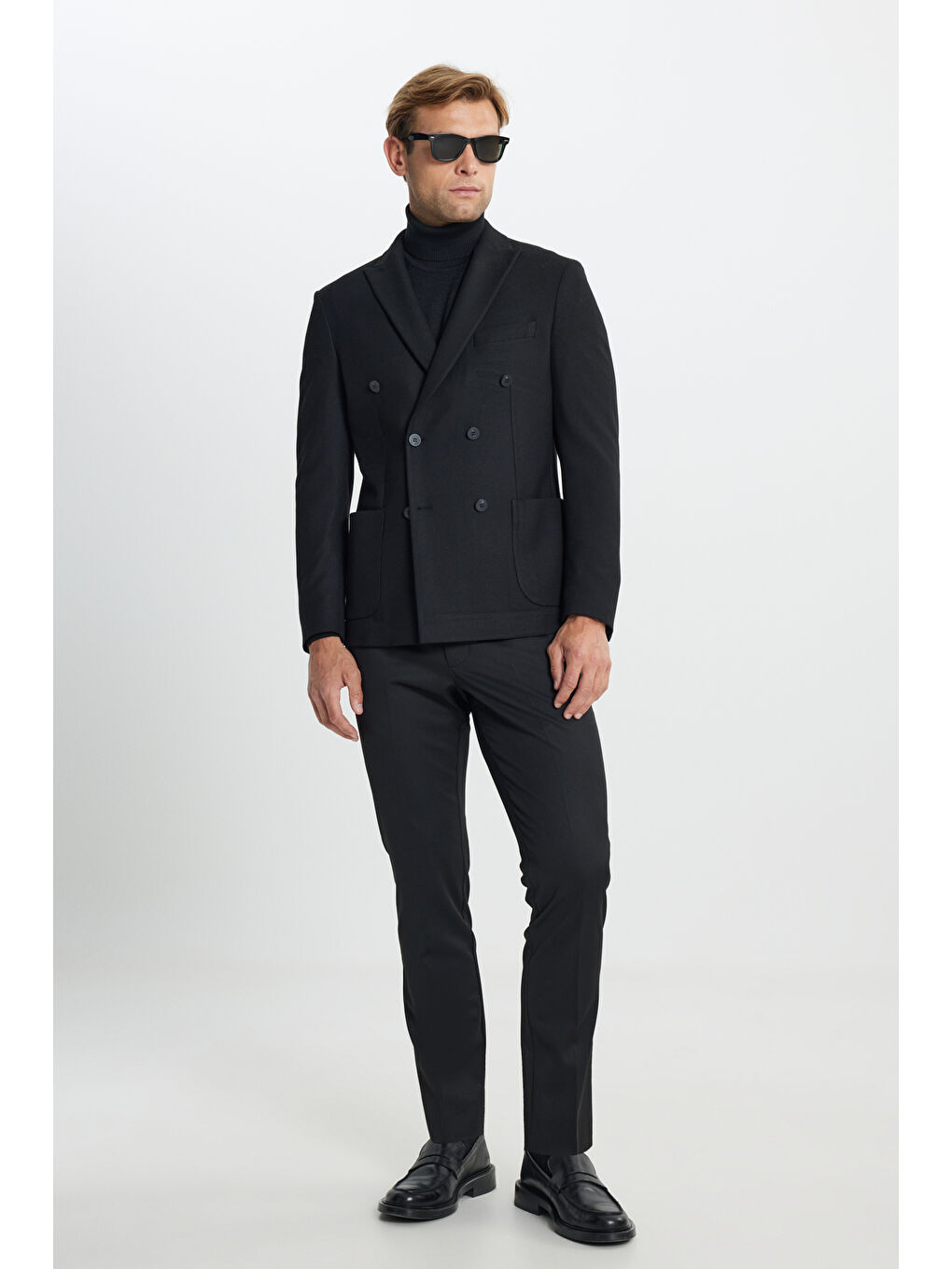 Erkek Siyah Slim Fit Dar Kesim Kırlangıç Yaka Diagonal Desenli Torba Cepli Ceket-1