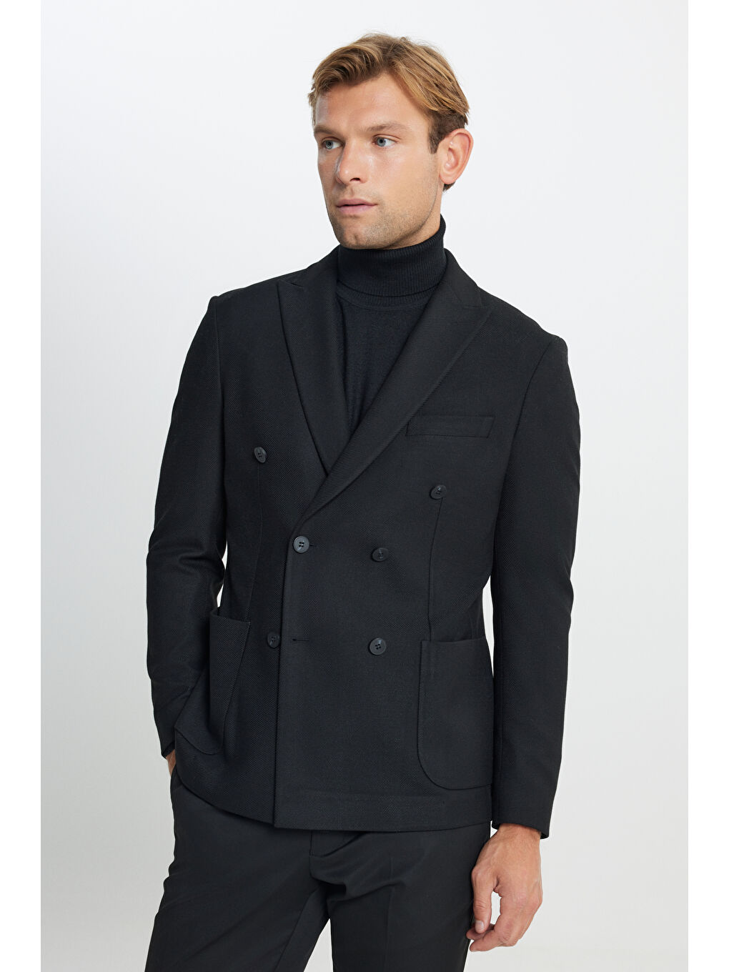 Erkek Siyah Slim Fit Dar Kesim Kırlangıç Yaka Diagonal Desenli Torba Cepli Ceket-3