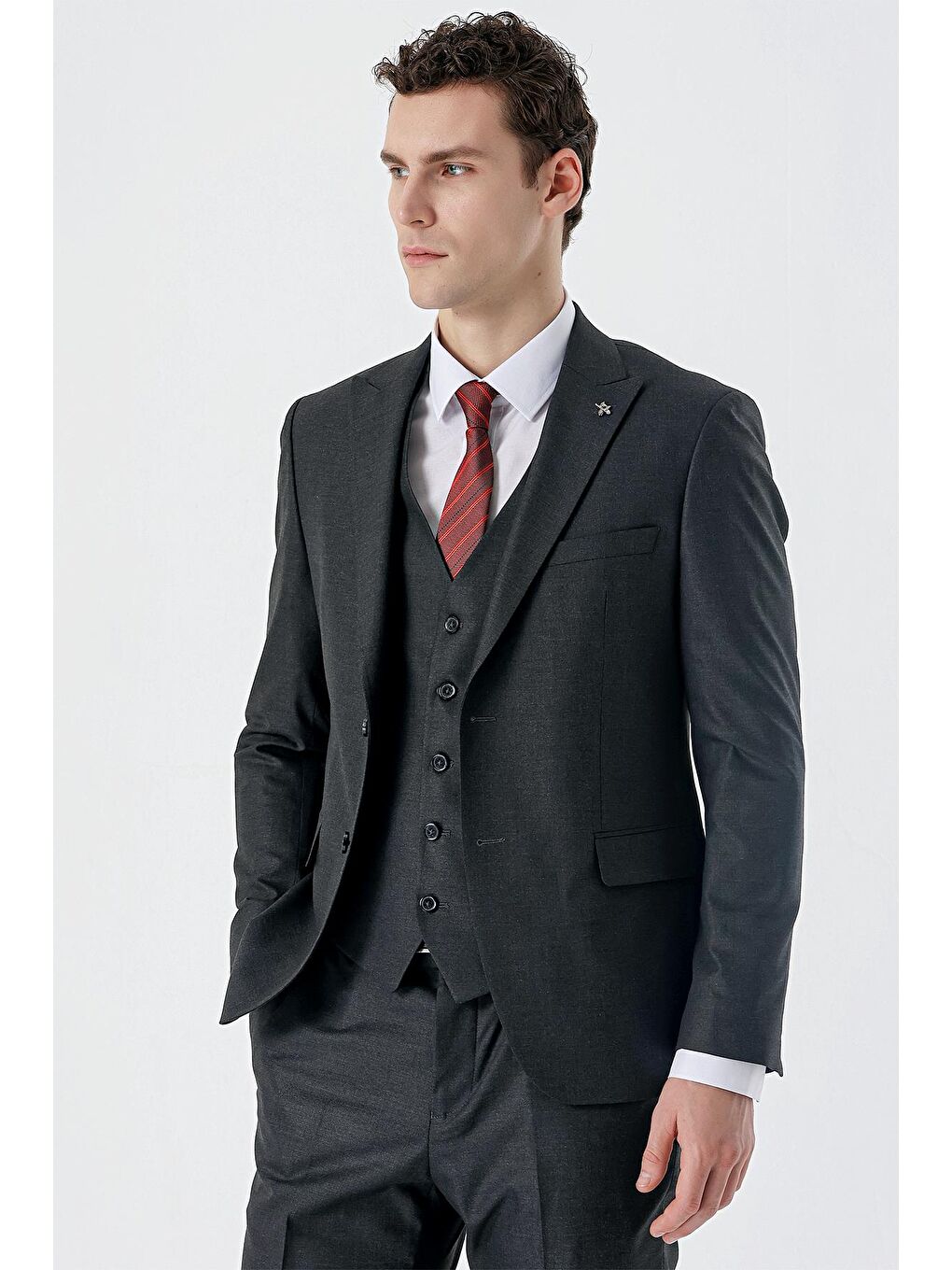 Koyu Antrasit Kırlangıç Yaka Yelekli 6 Drop Slim Fit Dar Kesim Klasik Takım Elbise 1001235164
