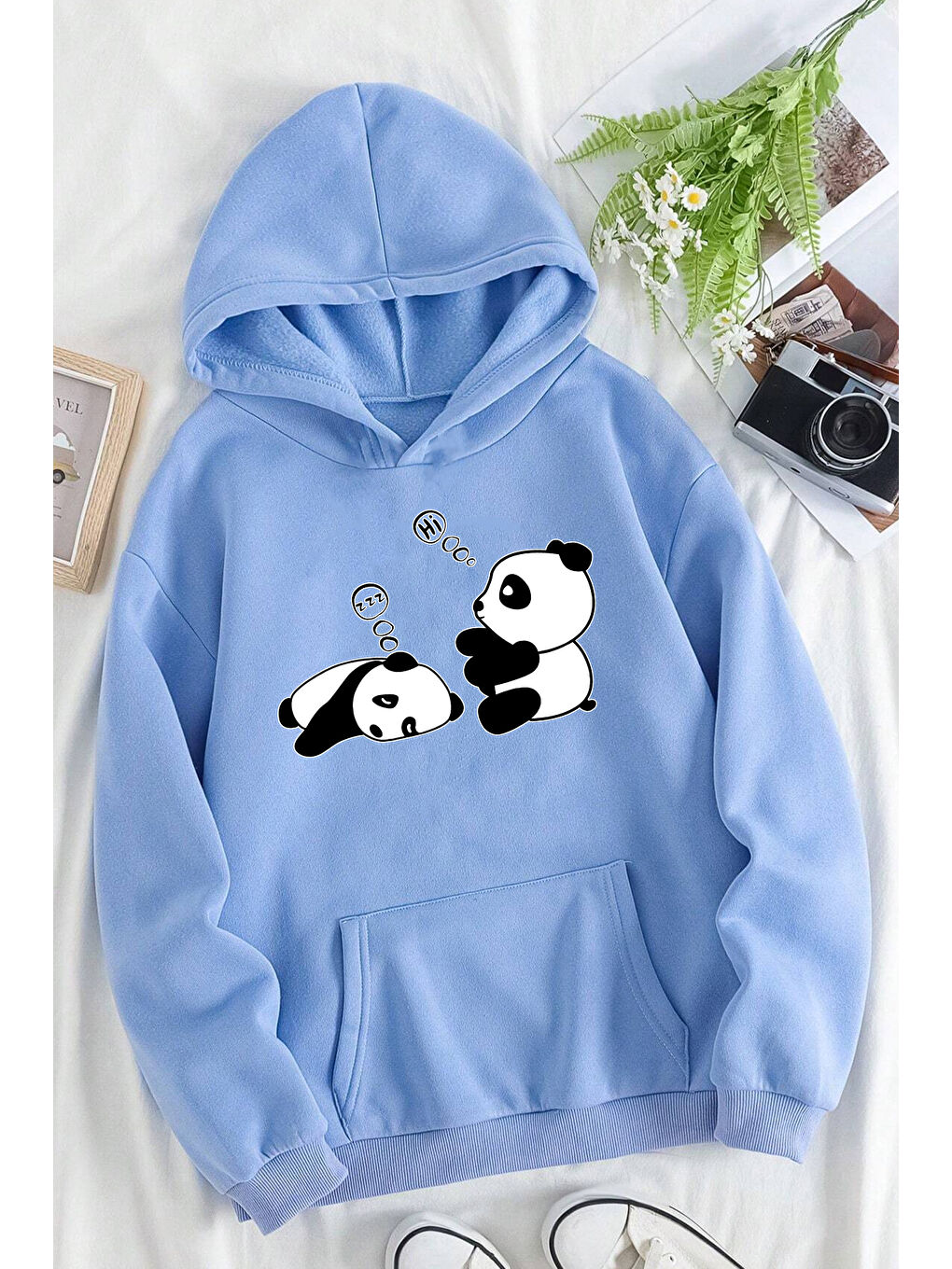 uyguntarz Bebek Mavisi Unisex Panda Baskılı Oversize Hoodie