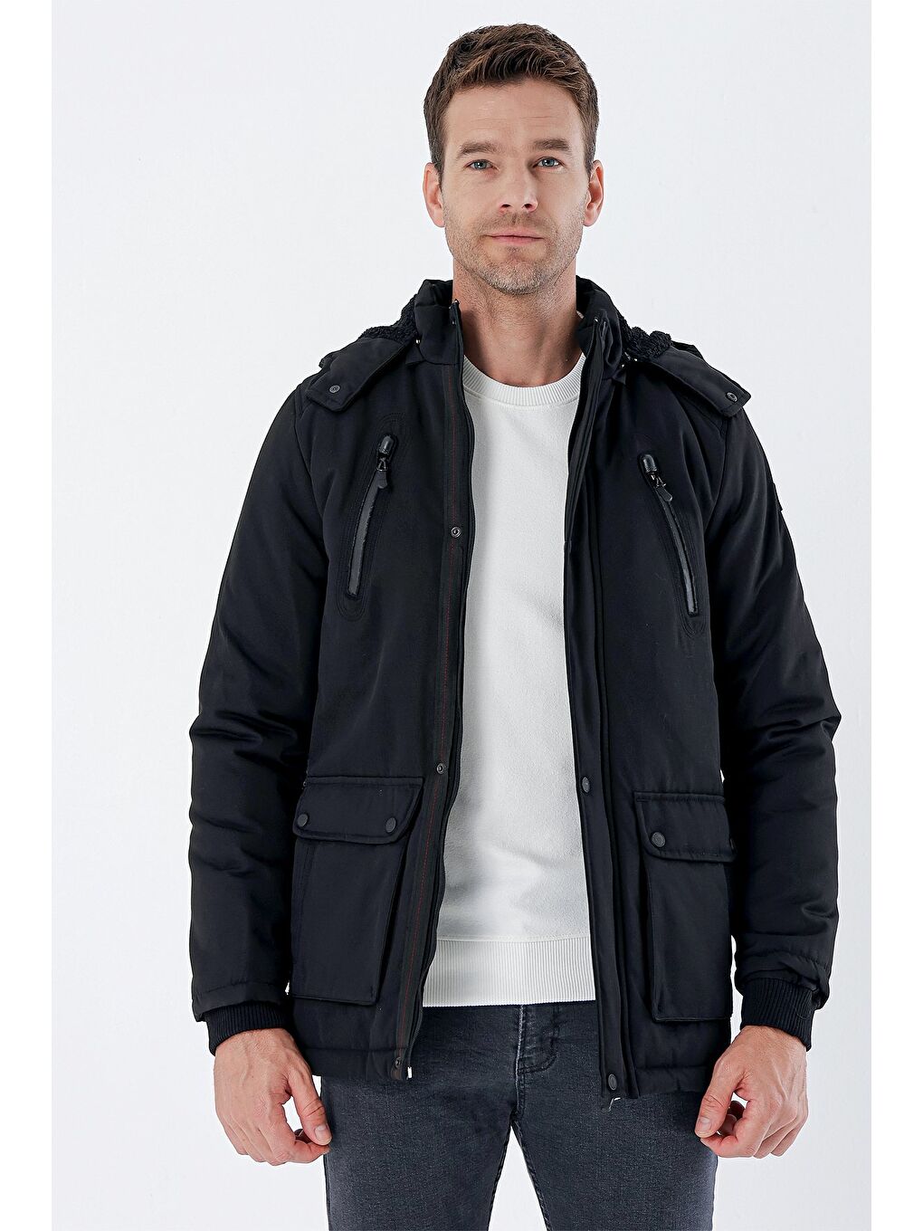 Siyah Kapüşonlu Pamuklu Astarlı Comfort Fit Rahat Kesim Casual Kaban 1008235169