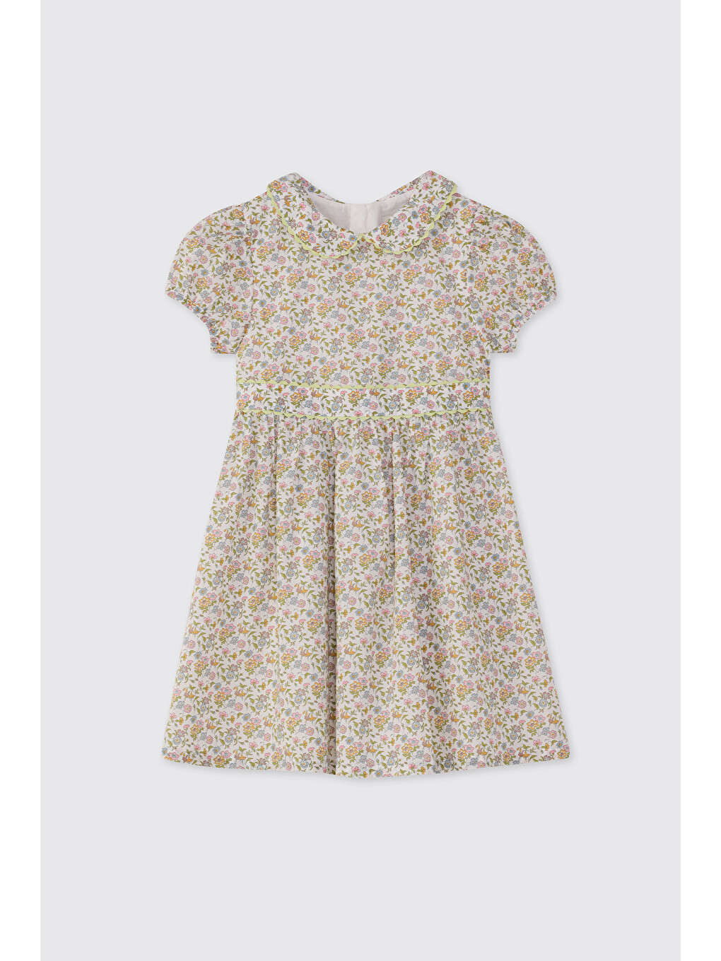 Ekru Liberty Kumaş Kız Çocuk Bebe Yakalı Çiçek Desenli Elbise-1