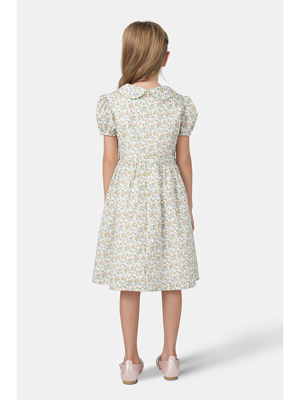 Ekru Liberty Kumaş Kız Çocuk Bebe Yakalı Çiçek Desenli Elbise-4