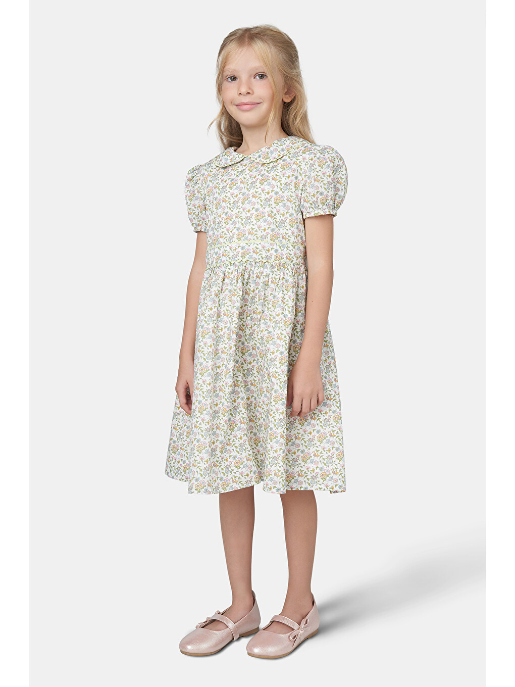 Ekru Liberty Kumaş Kız Çocuk Bebe Yakalı Çiçek Desenli Elbise-5