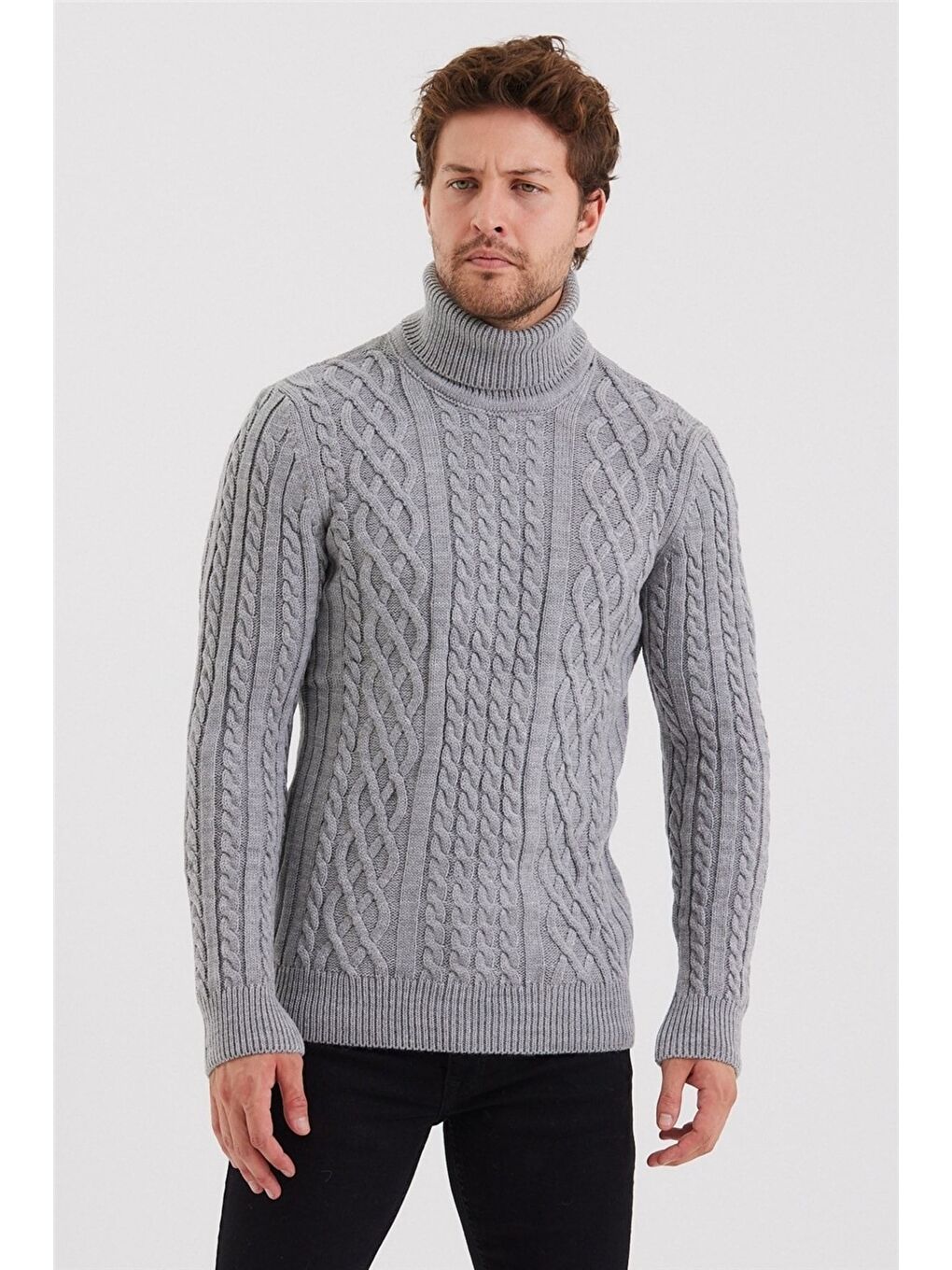 Gri Erkek Örgü Desenli Triko Kazak-2