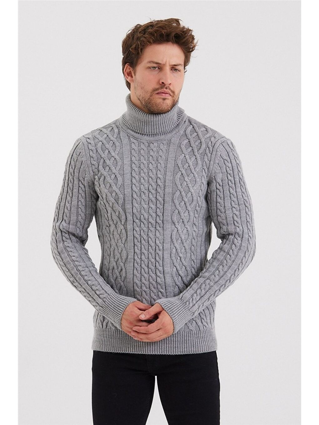 Gri Erkek Örgü Desenli Triko Kazak-3