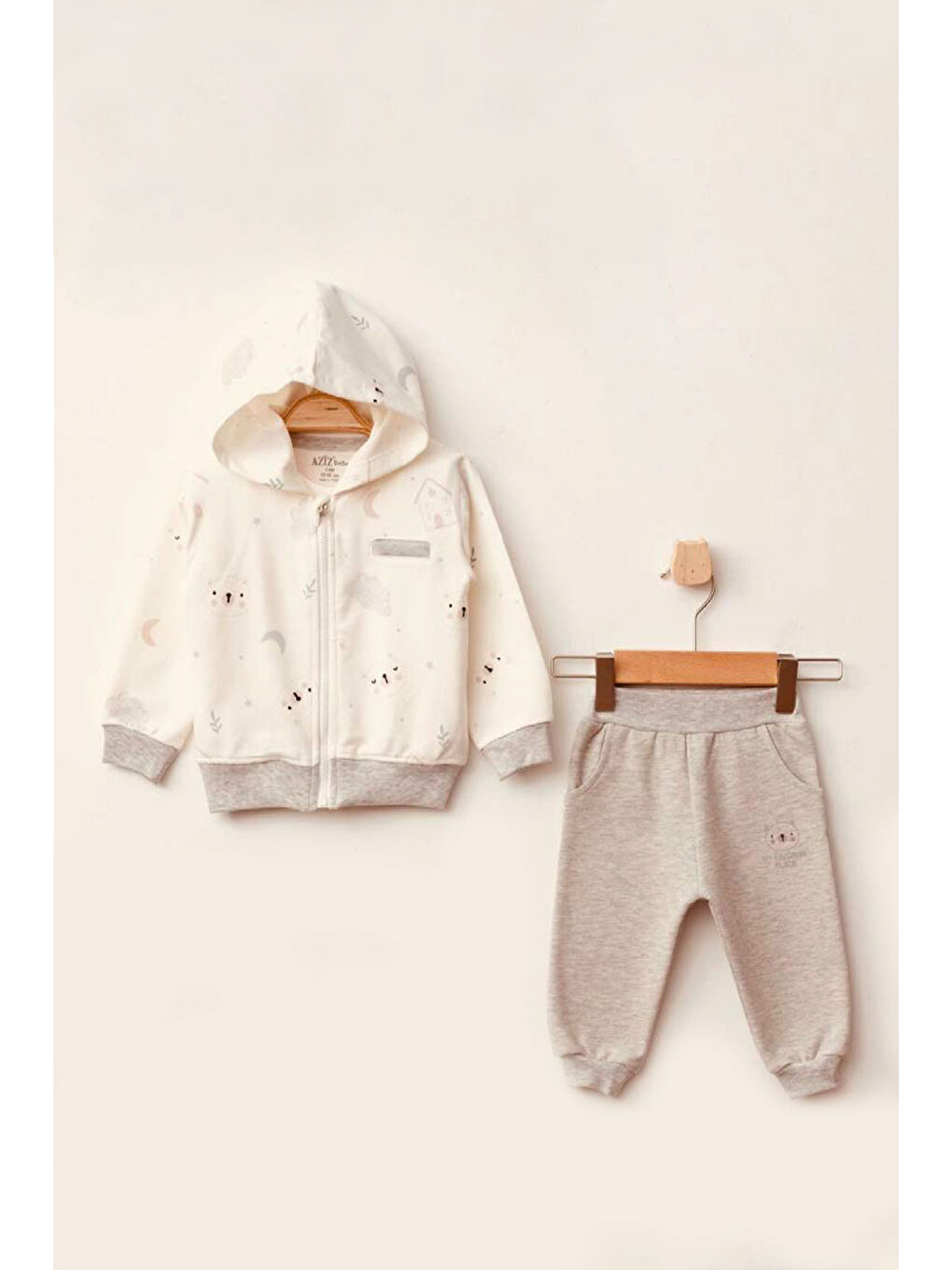 Bej Erkek Bebek Desenli Sweatshirt Pantolon T-shirt 3'lü Alt Üst Bebek Takımı 3 Ay-36 Ay