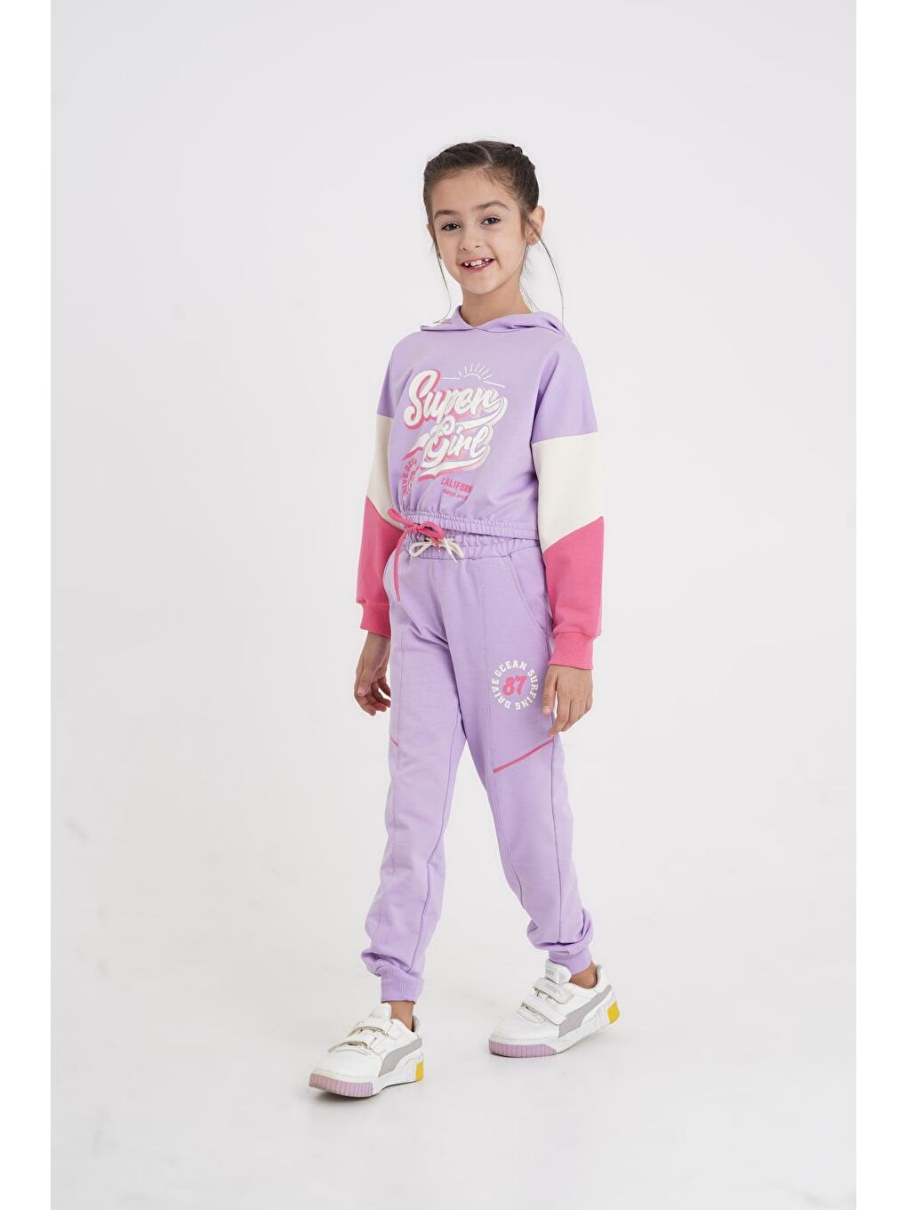 Mışıl Kids Lila Super Girl Baskılı Kapüşonlu Crop Alt Üst Kız Çocuk Eşofman Takımı - 2