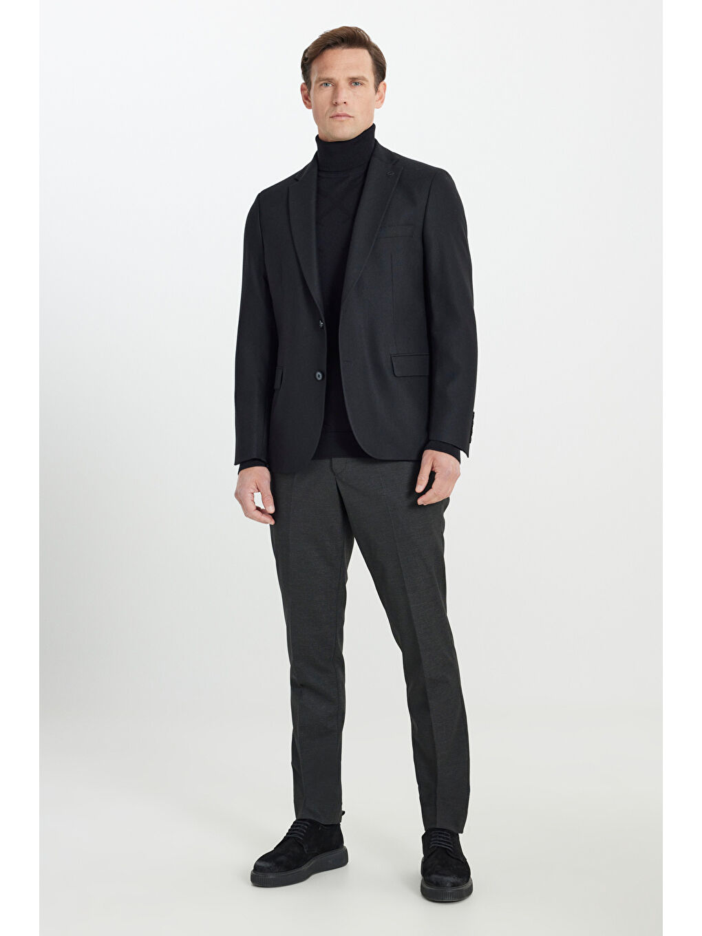 Erkek Siyah Regular Fit Rahat Kesim Mono Yaka Kapak Cepli Yünlü Ceket-1