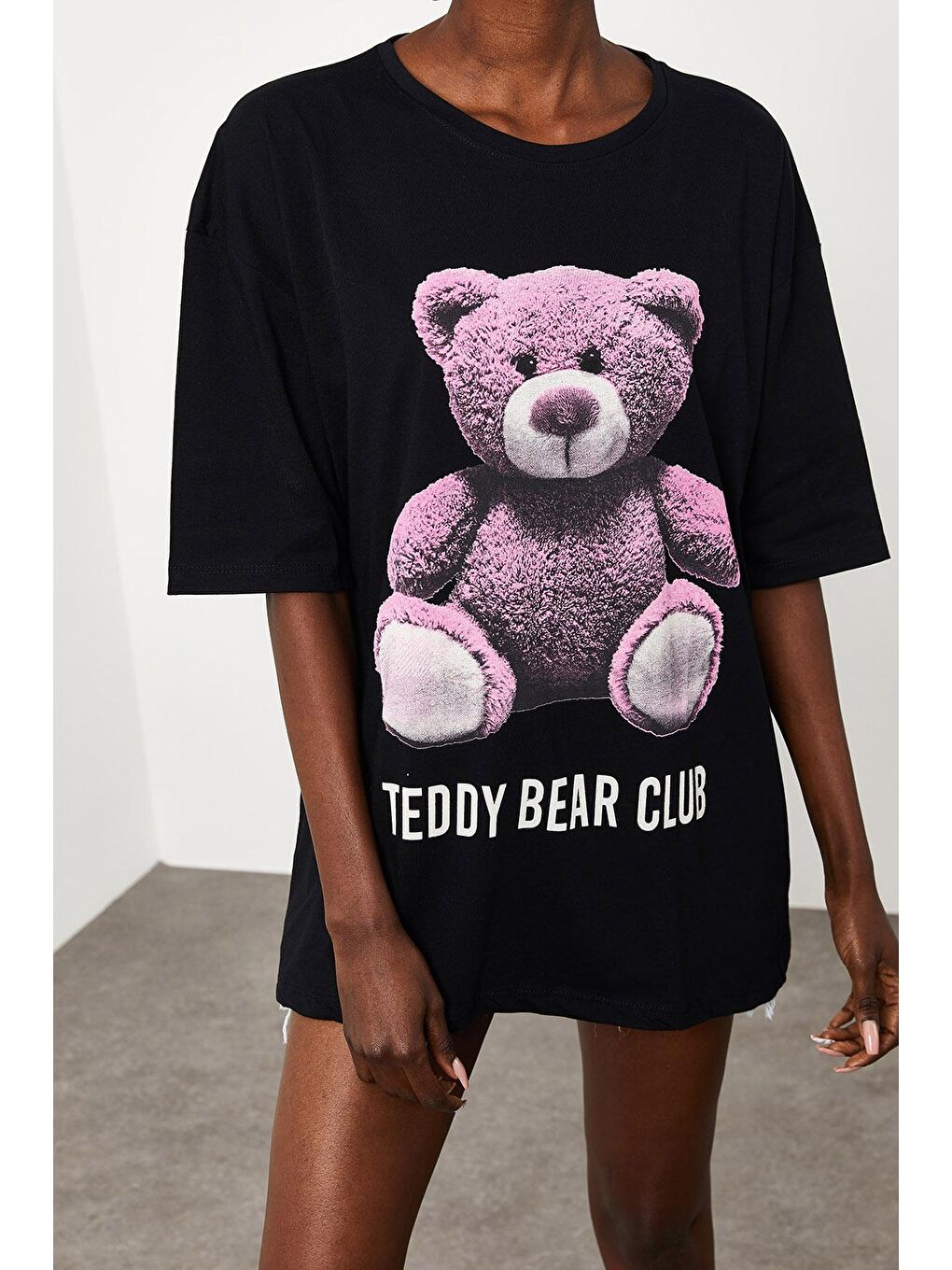 XHAN Siyah Teddy Bear Baskılı Salaş T-Shirt