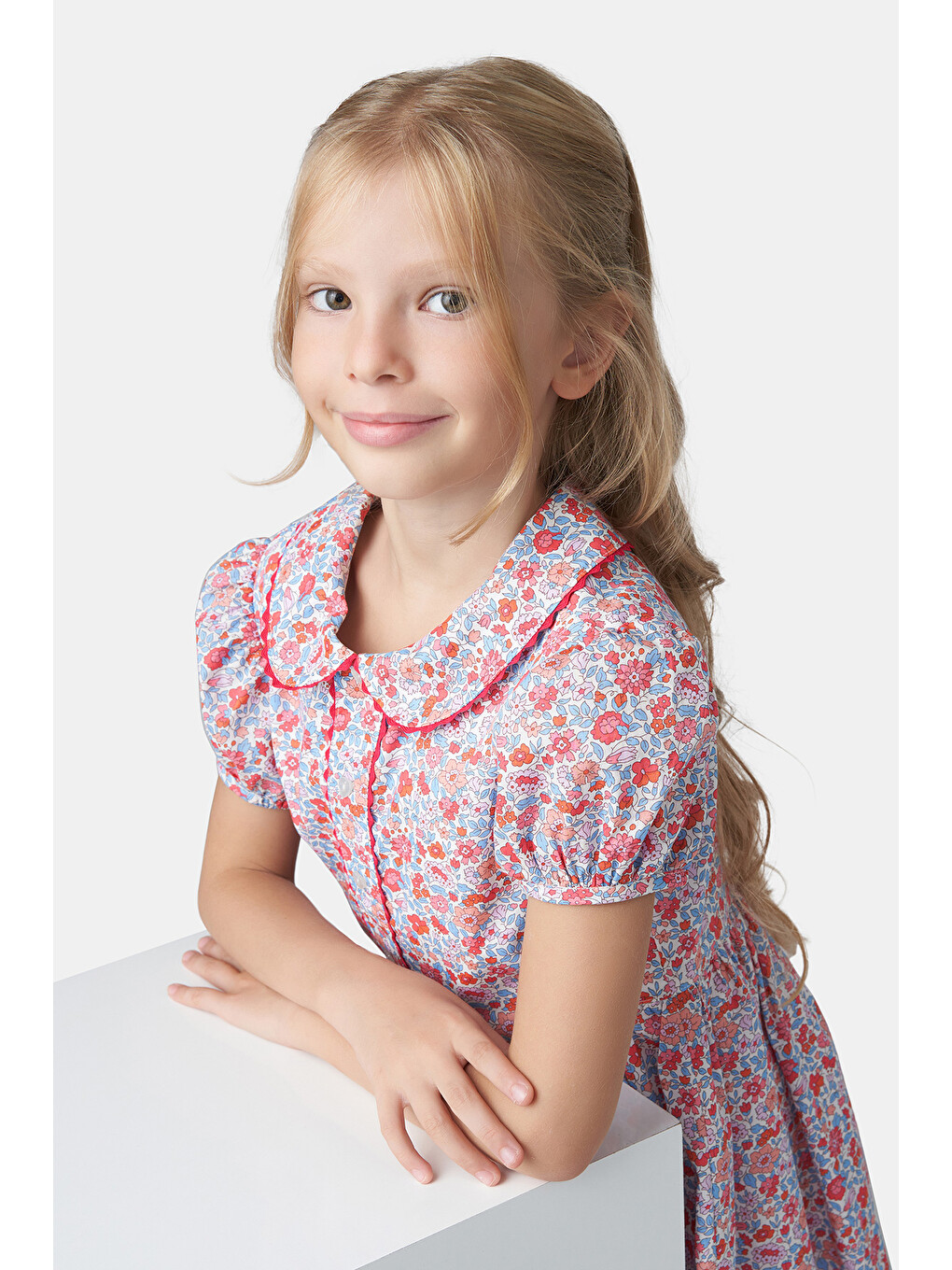 Kırmızı Liberty Kumaş Bebe Yakalı Kız Çocuk Elbise-3