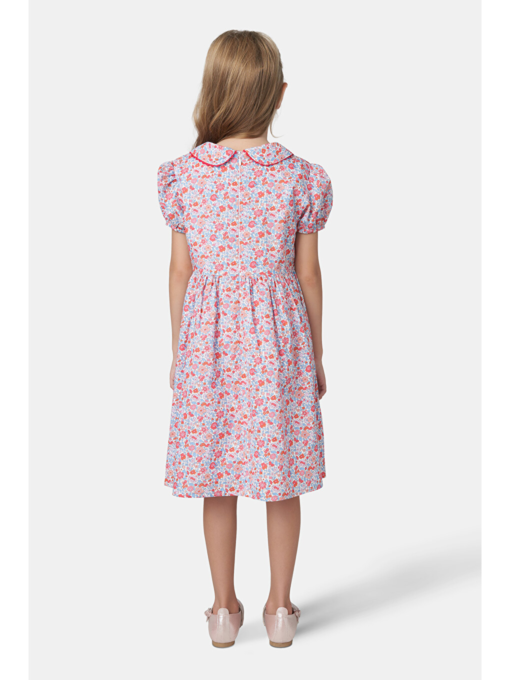 Kırmızı Liberty Kumaş Bebe Yakalı Kız Çocuk Elbise-4