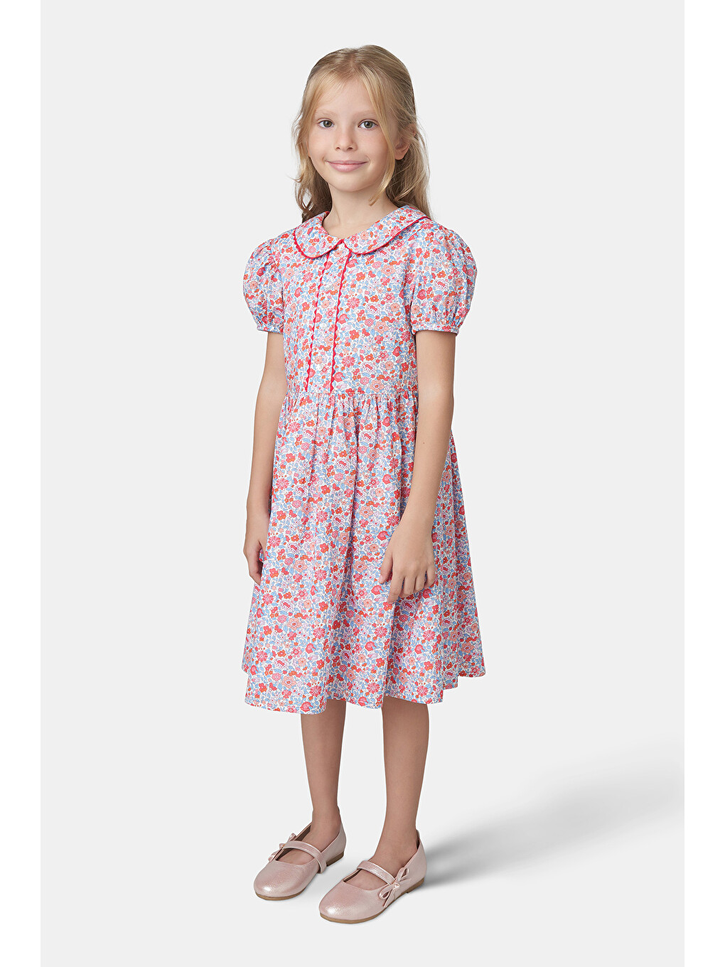 Kırmızı Liberty Kumaş Bebe Yakalı Kız Çocuk Elbise-5