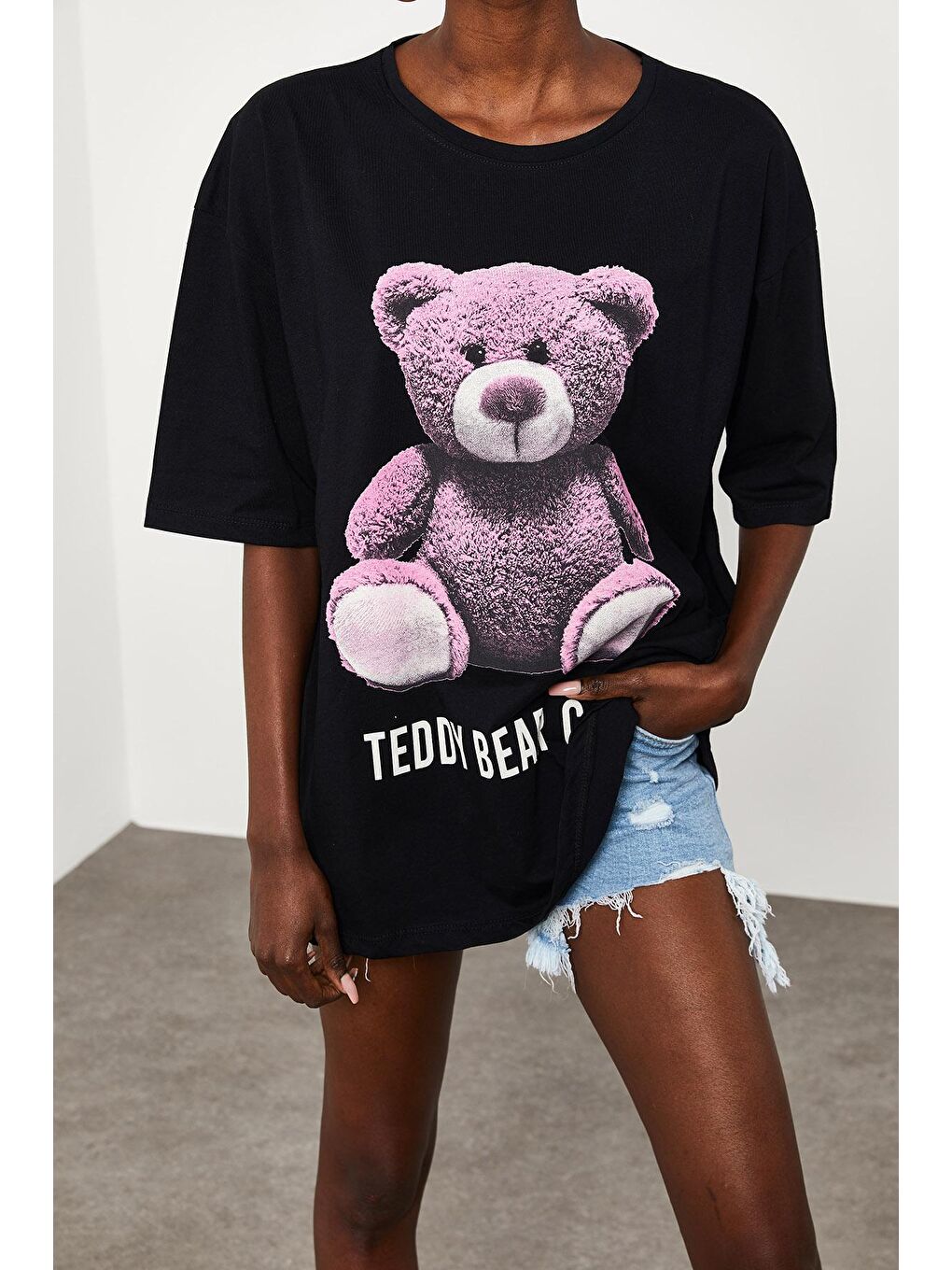 XHAN Siyah Teddy Bear Baskılı Salaş T-Shirt - 1