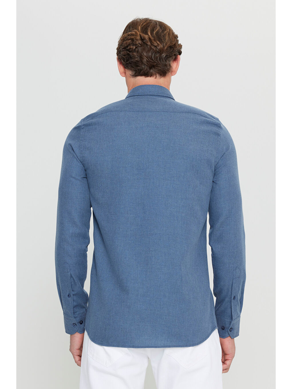 Erkek Lacivert Pamuklu Flanel Slim Fit Dar Kesim Düğmeli Yaka Gömlek-4