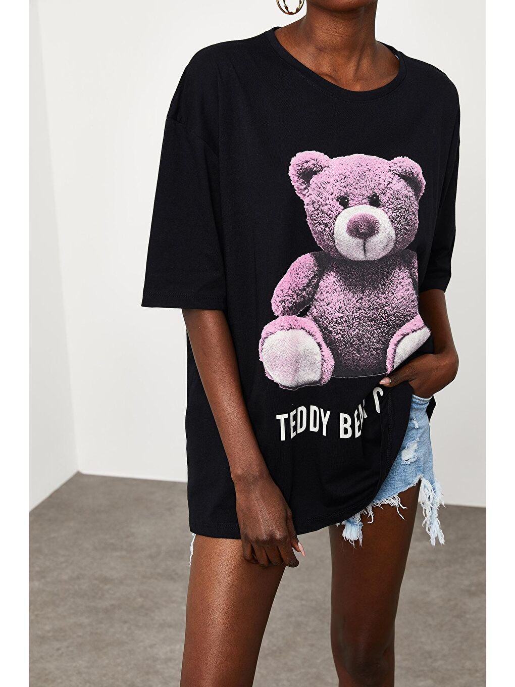 XHAN Siyah Teddy Bear Baskılı Salaş T-Shirt - 2