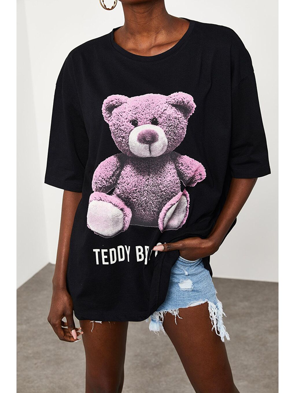 XHAN Siyah Teddy Bear Baskılı Salaş T-Shirt - 3