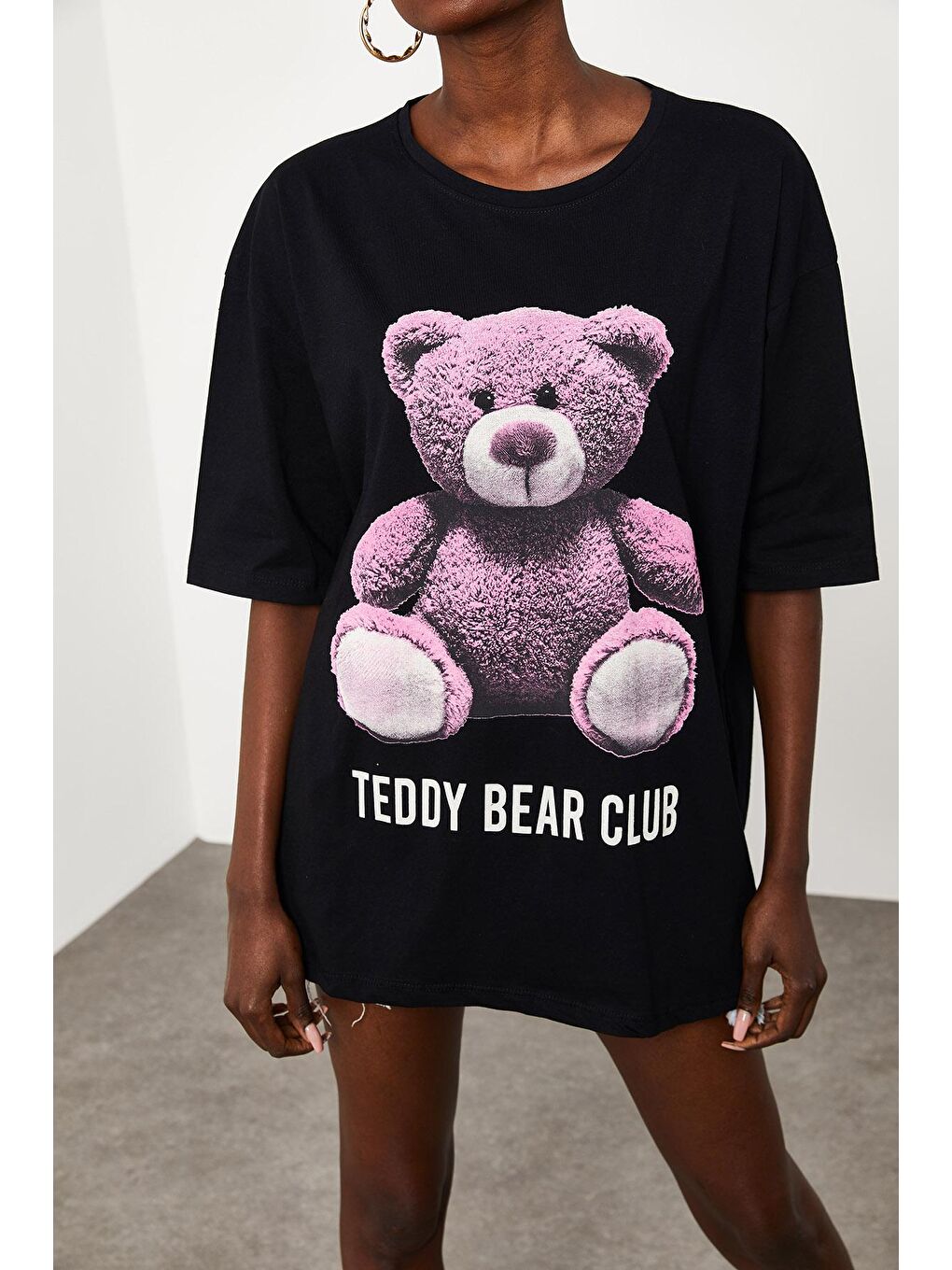 XHAN Siyah Teddy Bear Baskılı Salaş T-Shirt - 4