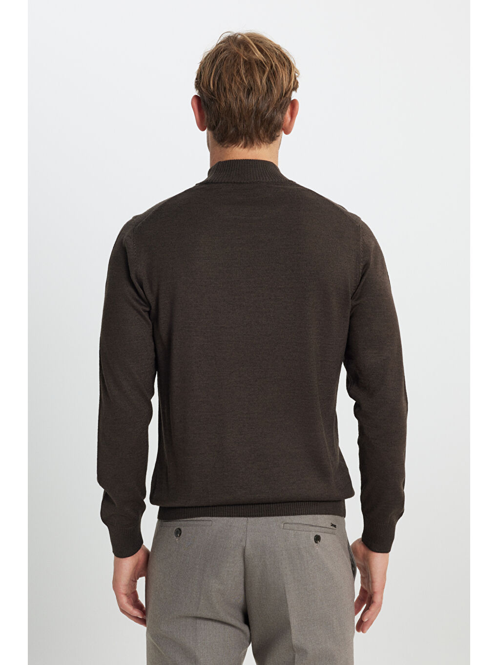 Erkek Kahverengi Yünlü Sıcak Tutan Standart Fit Normal Kesim Yarım Balıkçı Yaka Triko Kazak-4
